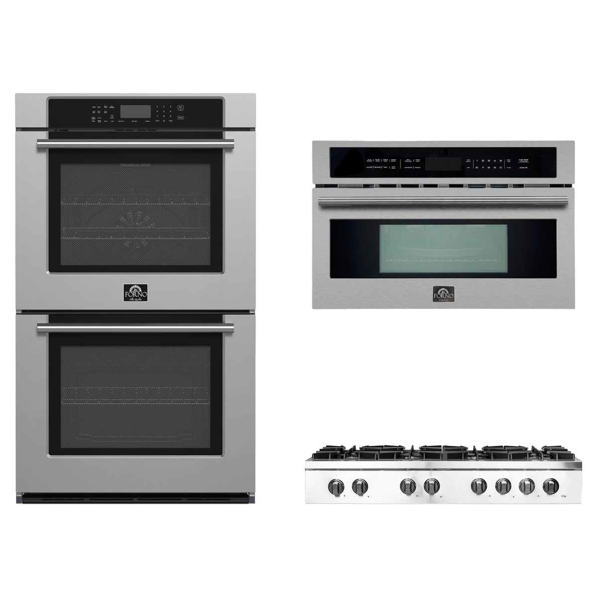 Forno 3-Piece Appliance Package - 48-Inch Lseo Gas Rangetop, Double Wall Oven & Microwave Oven in Stainless Steel