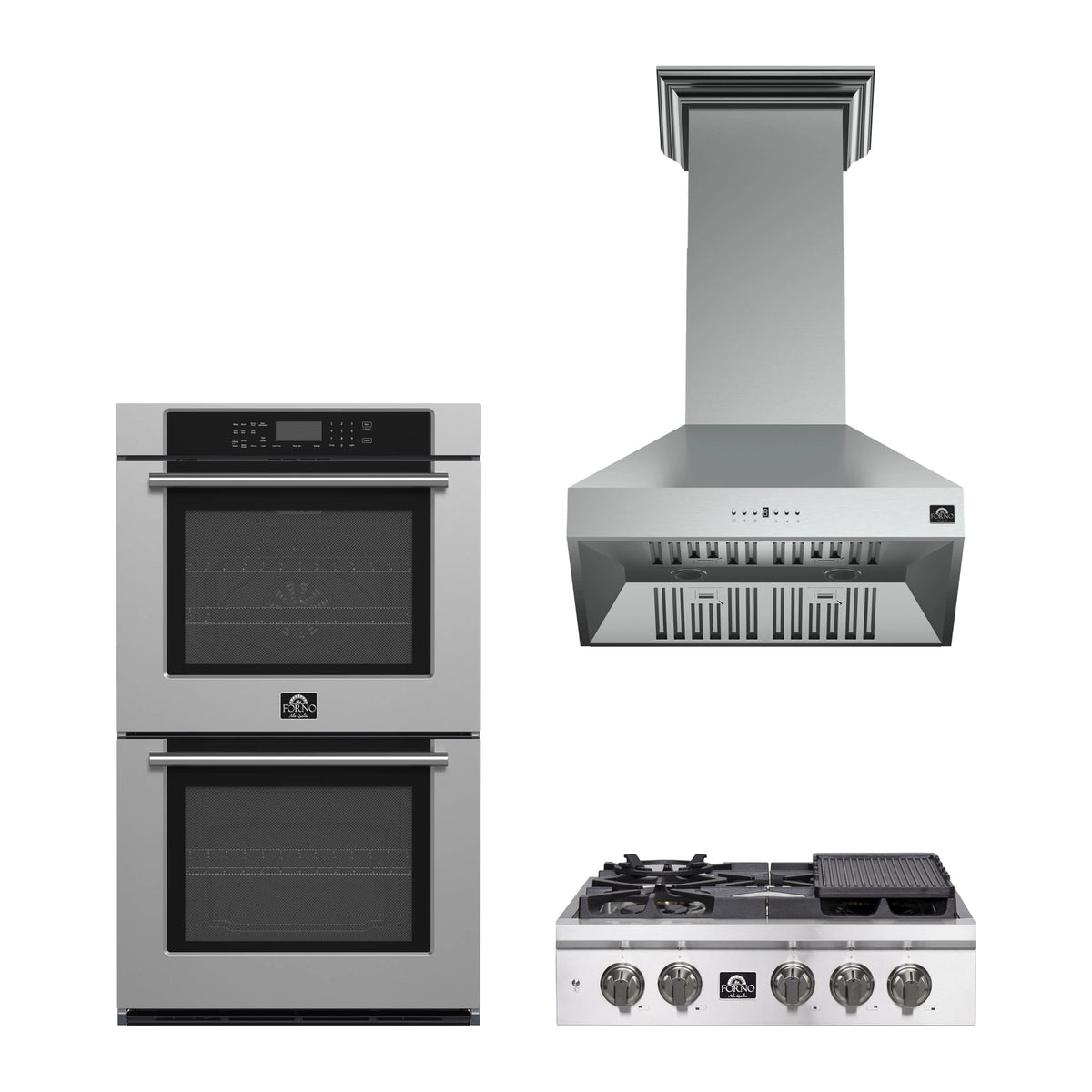 Forno 3-Piece Appliance Package - 30-Inch Spezia Gas Rangetop, Villarosa Double Electric Wall Oven & Wall Mount Range Hood in Stainless Steel