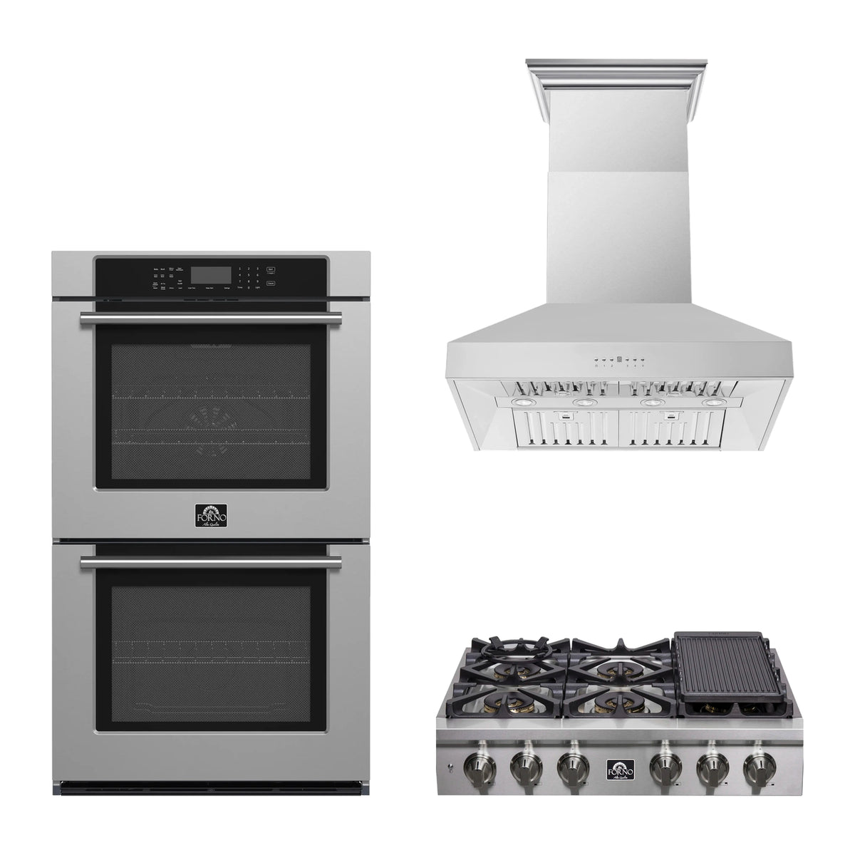 Forno 3-Piece Appliance Package - 36-Inch Spezia Gas Rangetop, Villarosa Double Electric Wall Oven & Wall Mount Range Hood in Stainless Steel