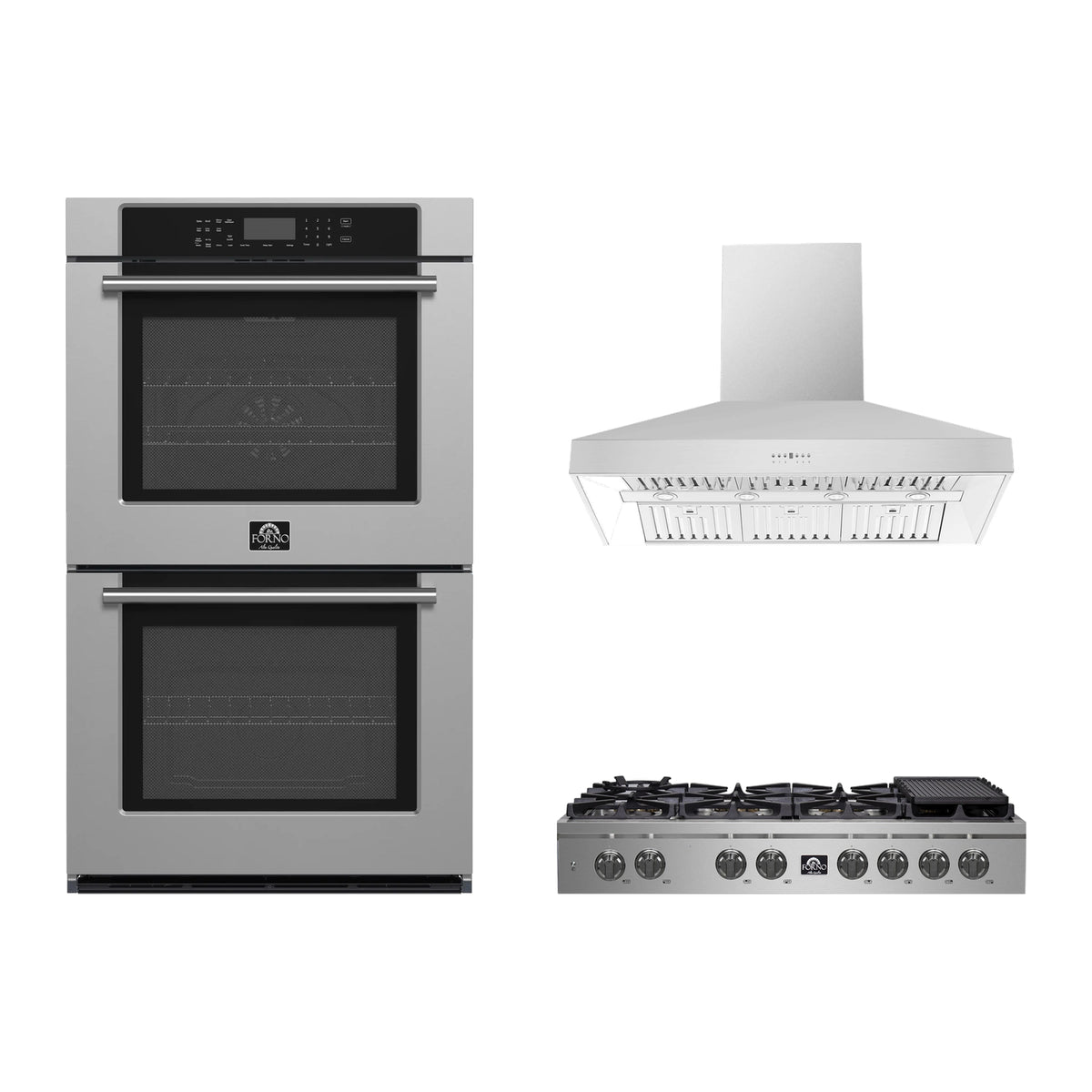 Forno 3-Piece Appliance Package - 48-Inch Spezia Gas Rangetop, Villarosa Double Electric Wall Oven & Wall Mount Range Hood in Stainless Steel