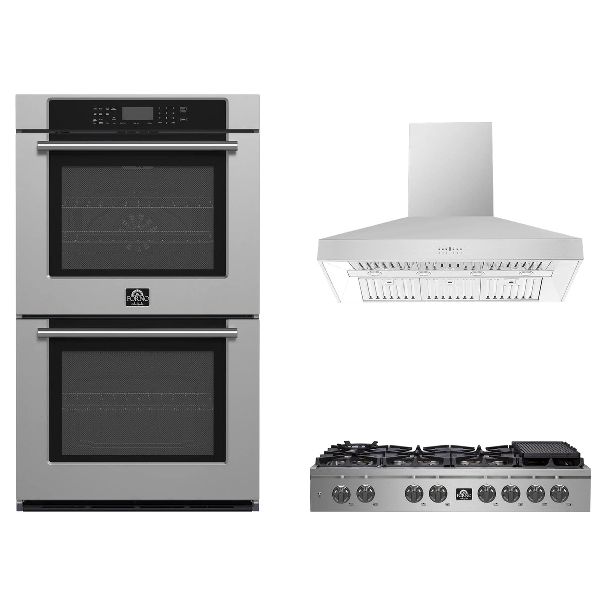 Forno 3-Piece Appliance Package - 48-Inch Spezia Gas Rangetop, Villarosa Double Electric Wall Oven & Wall Mount Range Hood in Stainless Steel