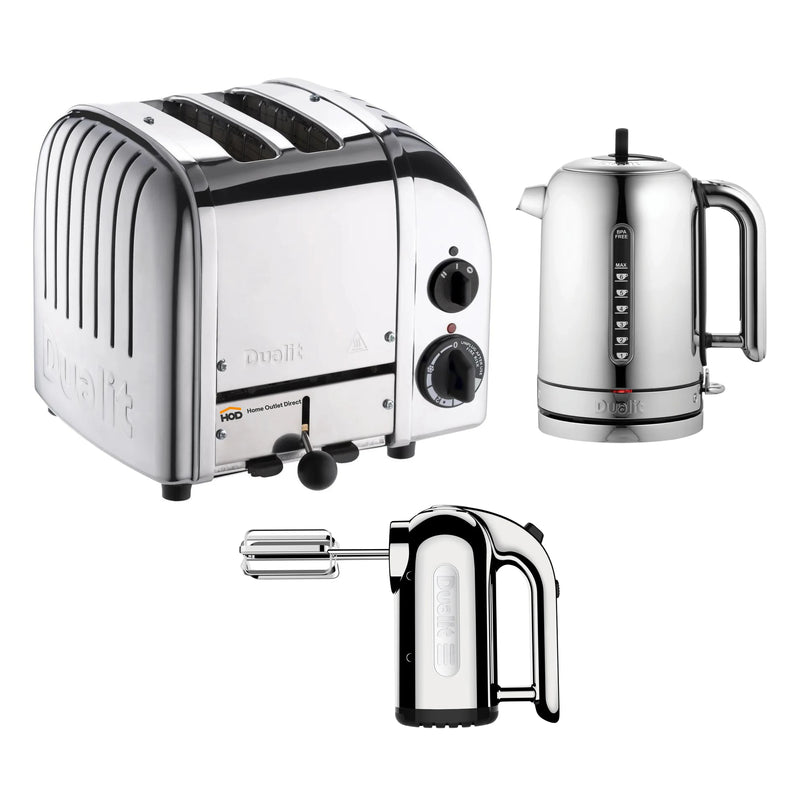 Dualit Small Appliance Package with 2-Slice Toaster, Kettle and Hand Mixer in Polished Chrome