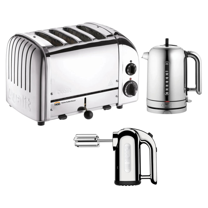 Dualit Small Appliance Package with 4-Slice Toaster, Kettle and Hand Mixer in Polished Chrome