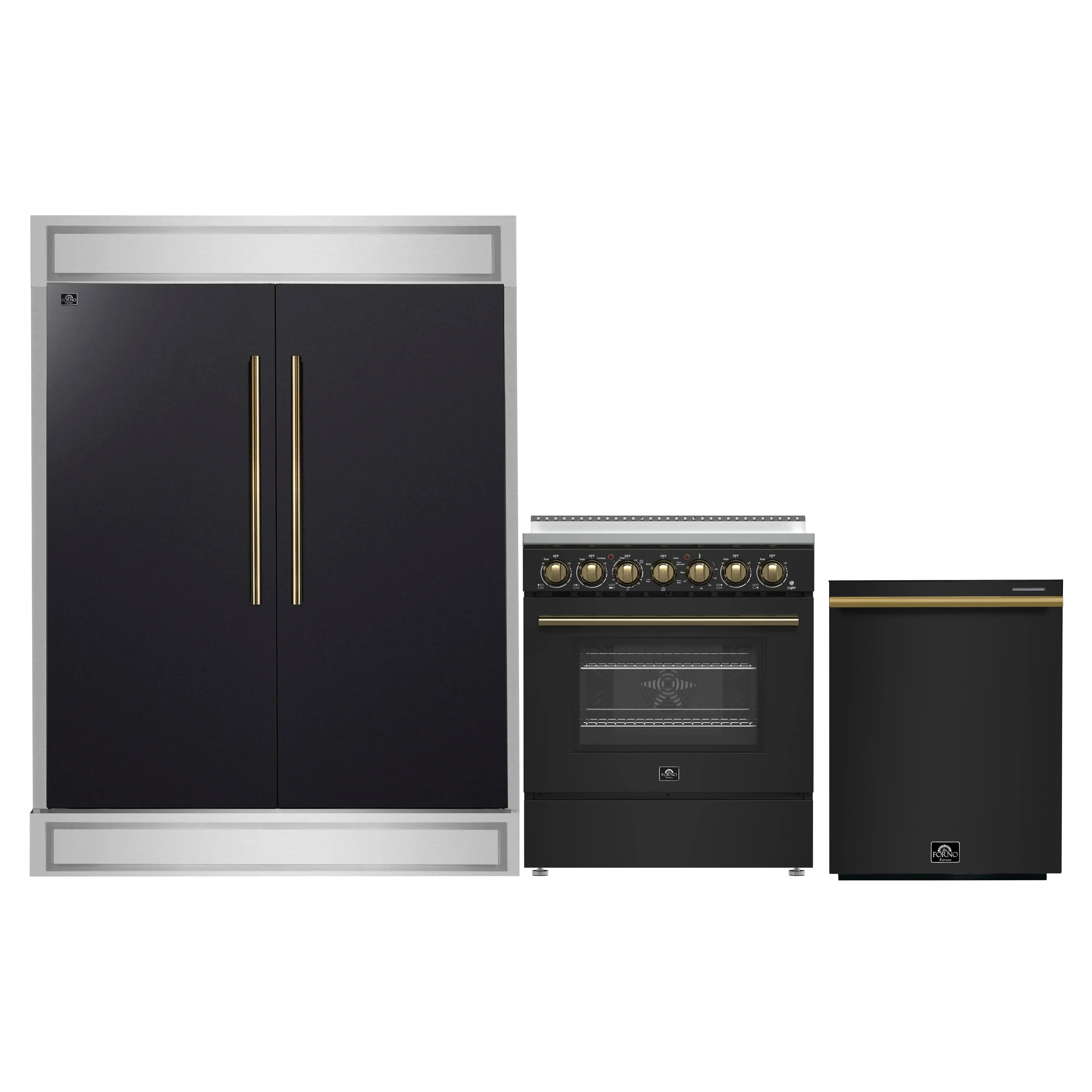 Black 3-piece appliance package with refrigerator, range, and compact microwave