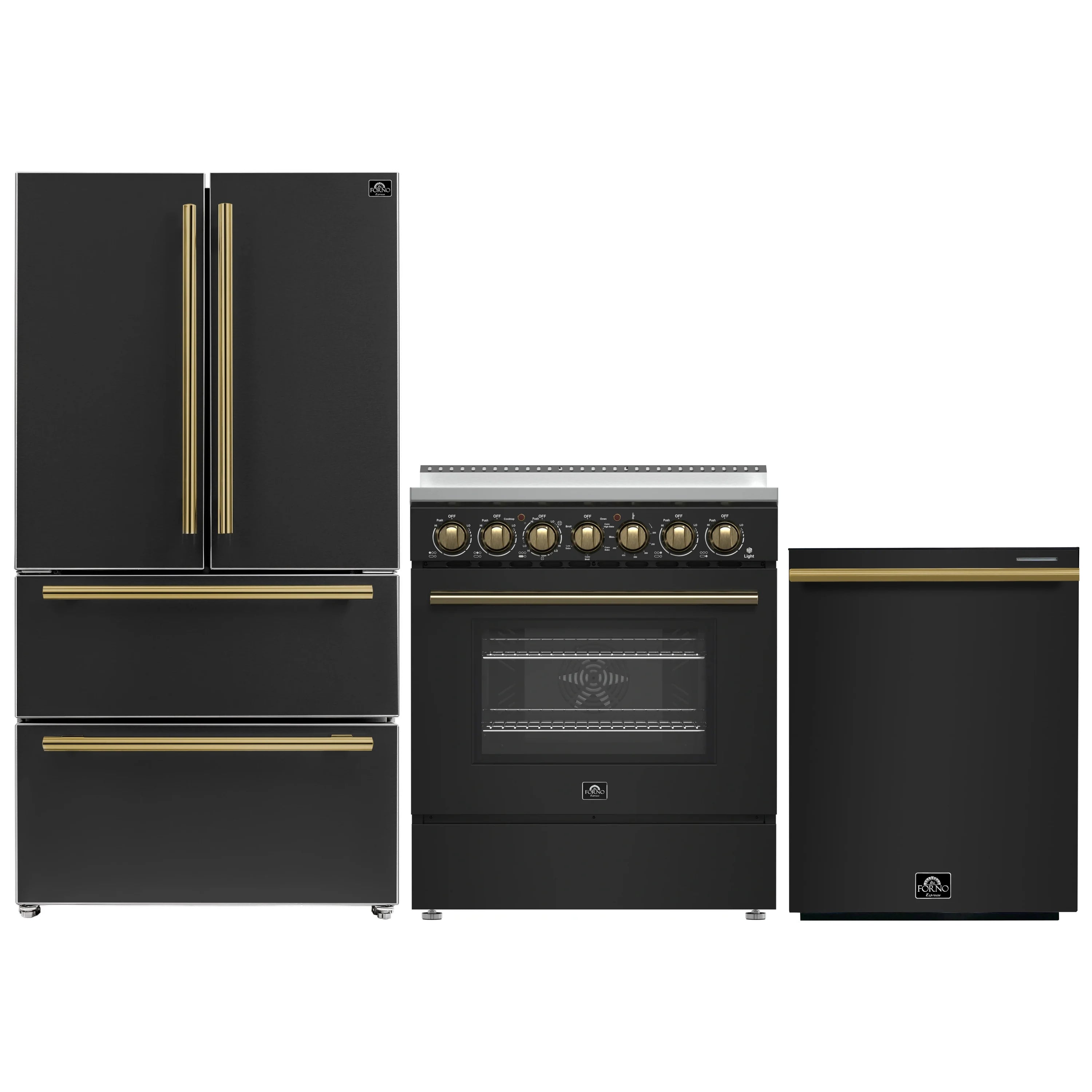 3-piece kitchen appliance set in black with antique brass handles and control knobs