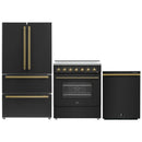 Forno 3-Piece Appliance Package - 30-Inch Electric Range, Wall Mount Range Hood, and 36-Inch Refrigerator in Black with Antique Brass Handle