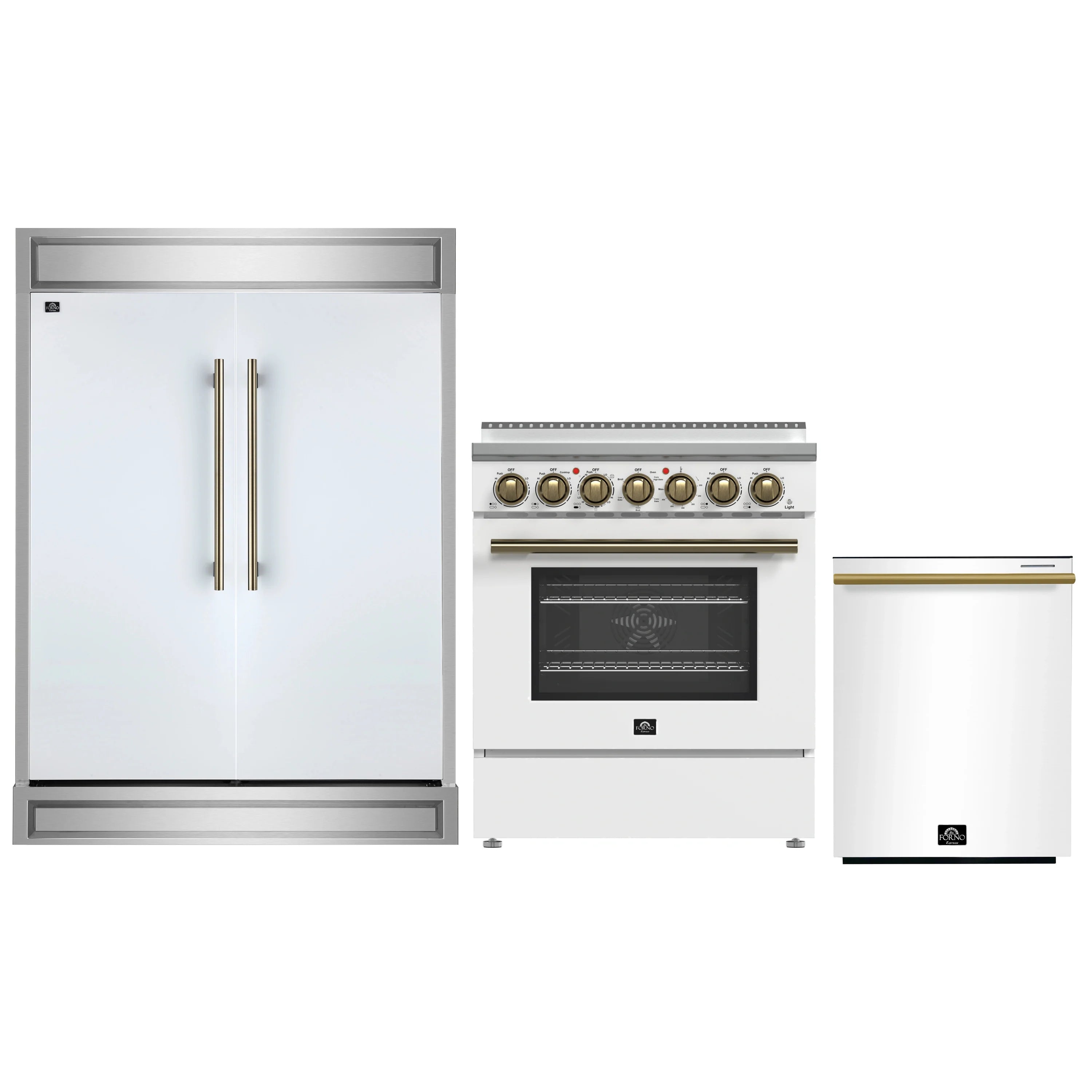 Kitchen appliance set: white refrigerator, electric range, and dishwasher with brass accents