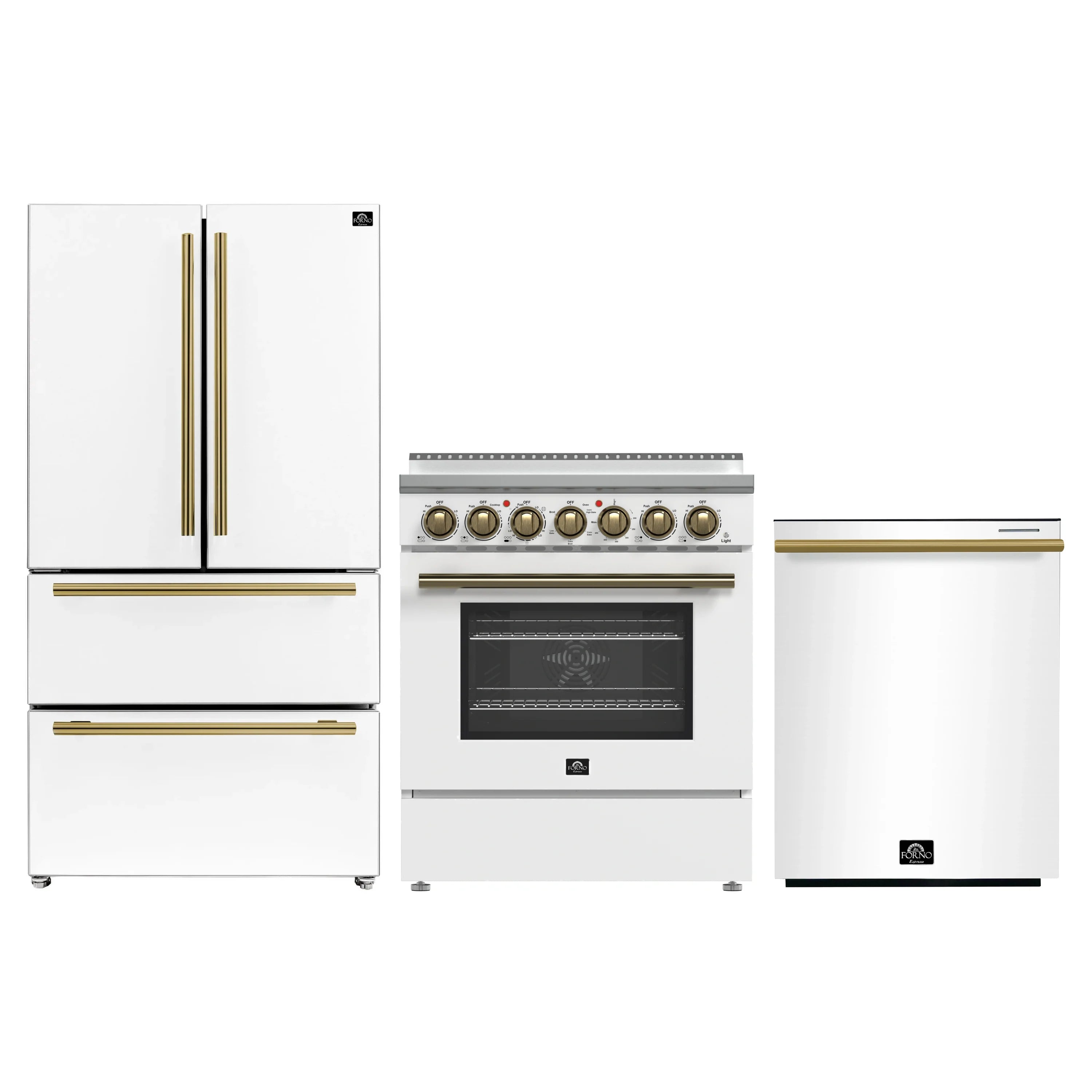 White appliance package with refrigerator, electric range, and dishwasher, brass handles