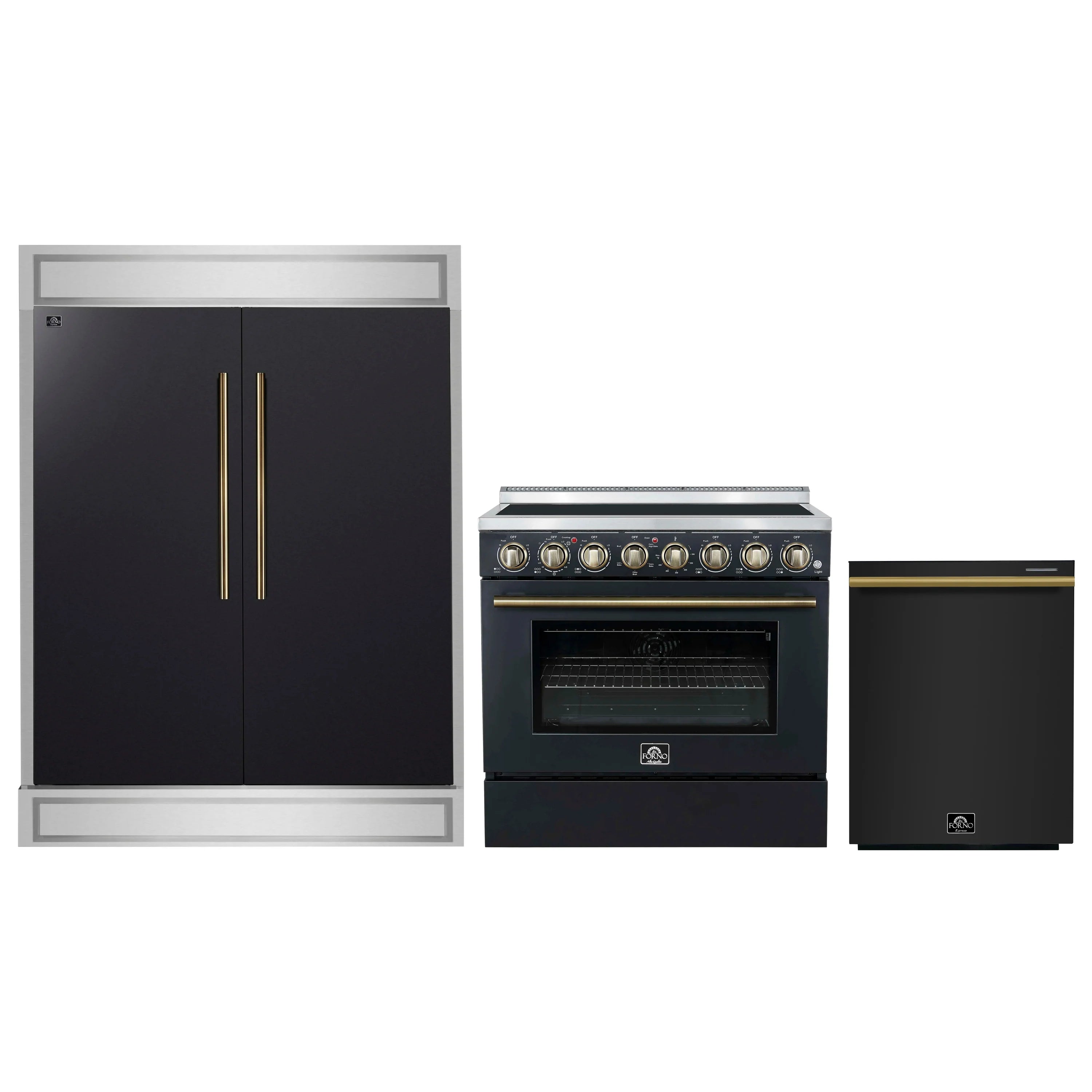 Black refrigerator with brass vertical handles and black electric range with brass knobs