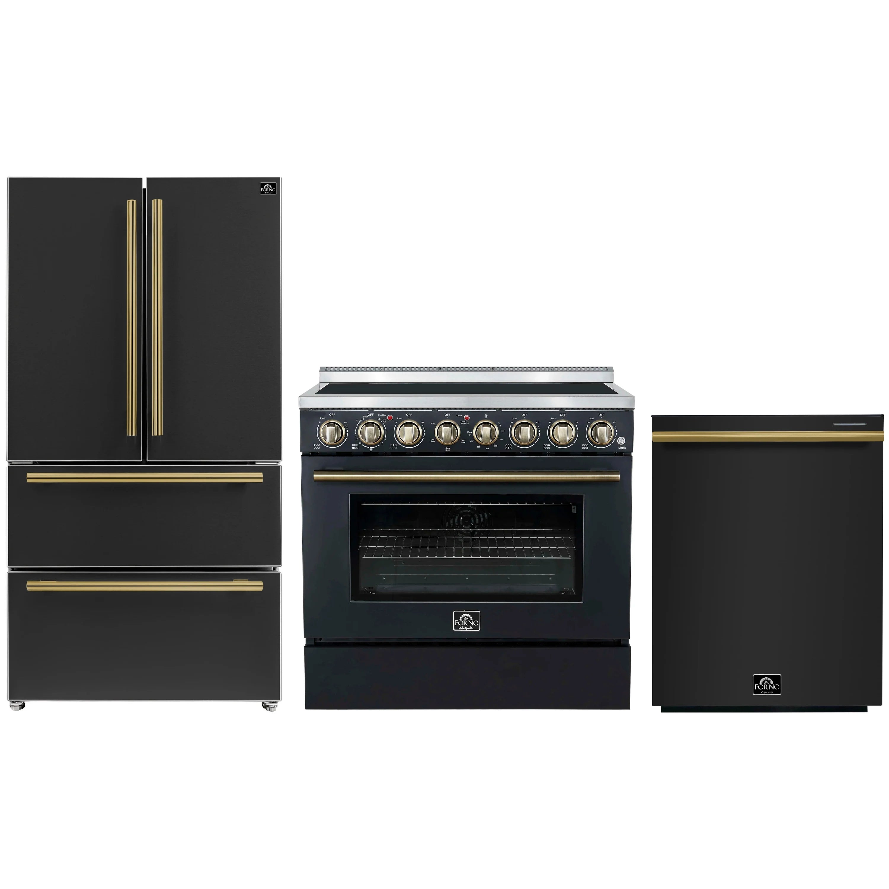 Three-piece black appliance set with electric range, refrigerator, and gold-tone accents