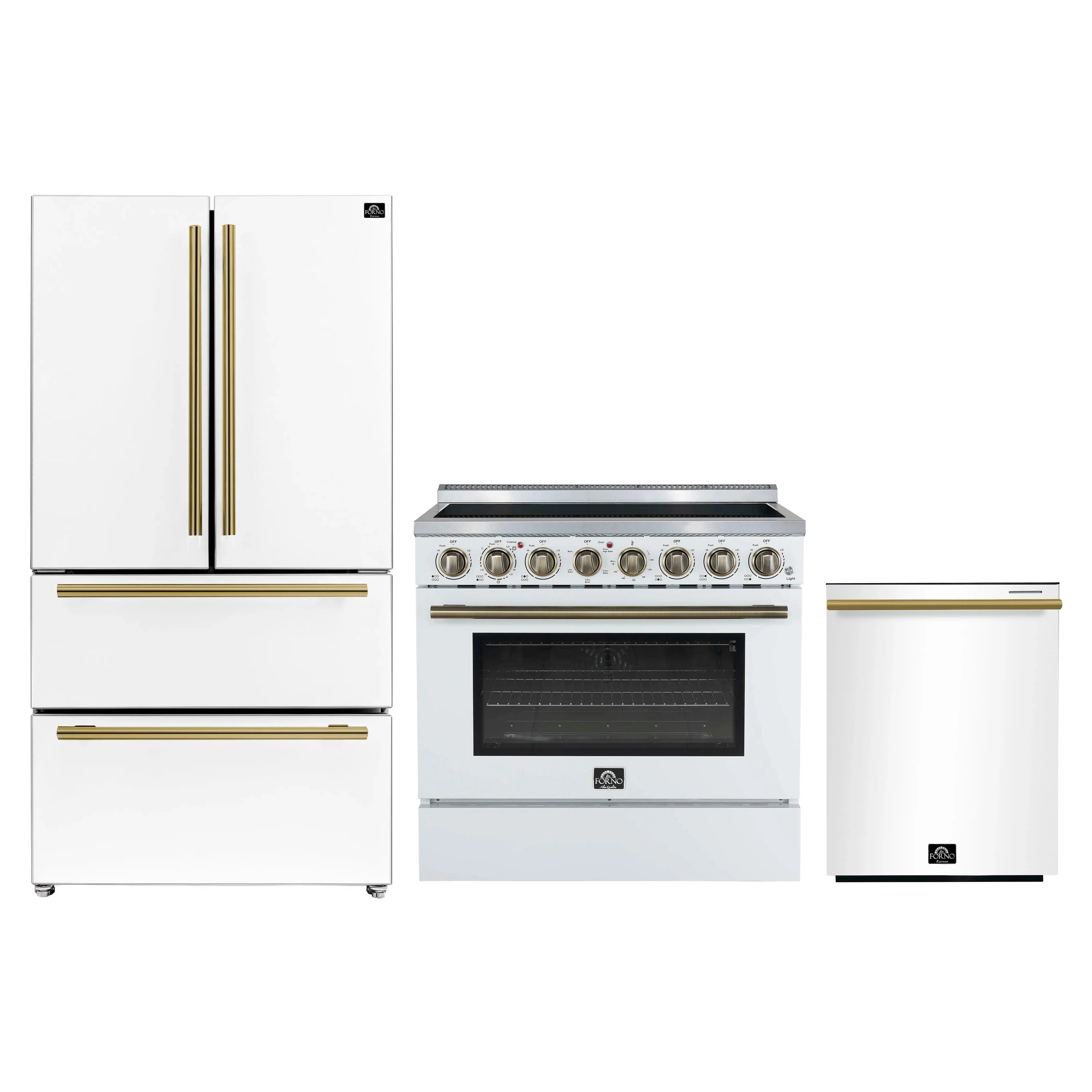 White appliance package set with refrigerator, electric range, and wall hood with brass accents