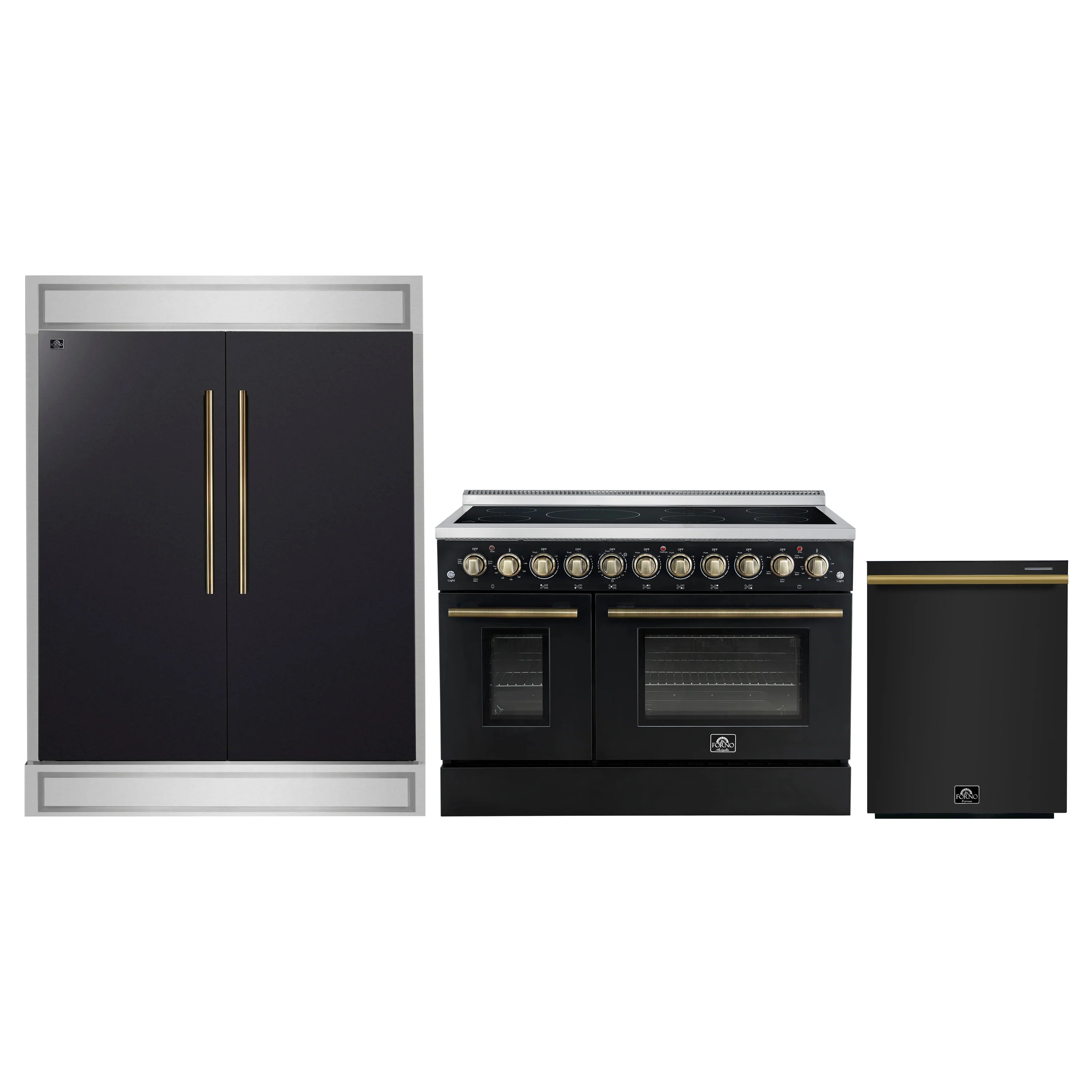 Black 3-piece appliance set with electric range, refrigerator doors, and gold handles