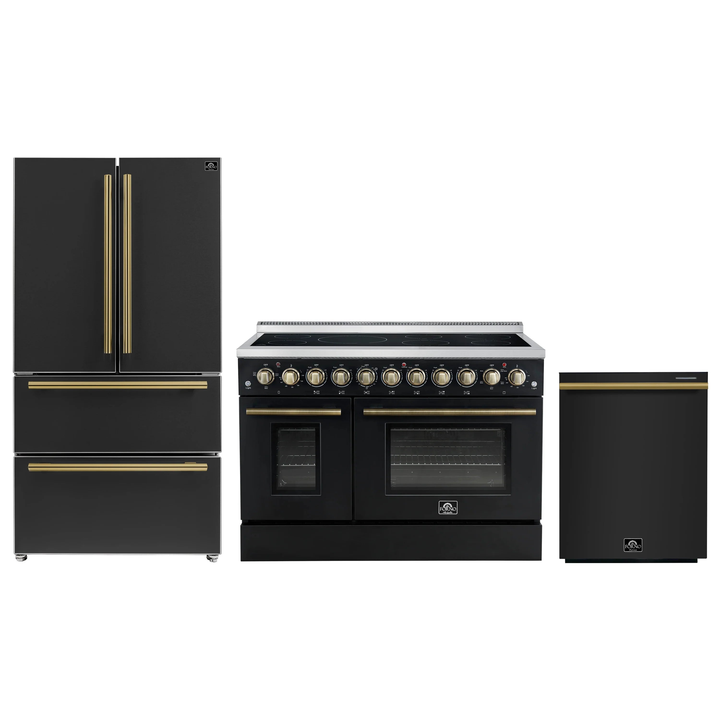 Black 3-piece appliance package with freestanding electric range and refrigerator