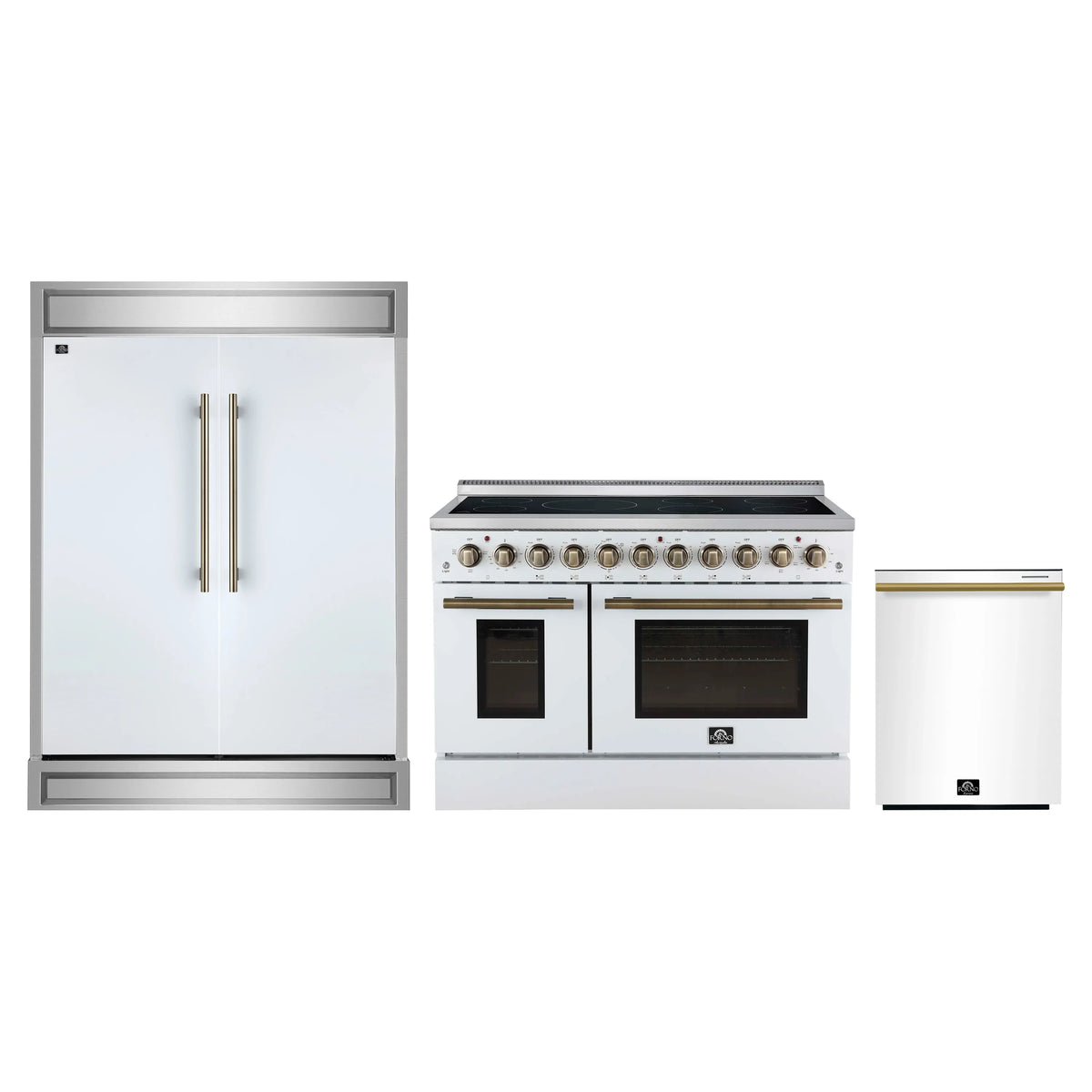 Forno 3-Piece Appliance Package - 48-Inch Electric Range, 60-Inch Refrigerator and Dishwasher in White with Antique Brass Trim