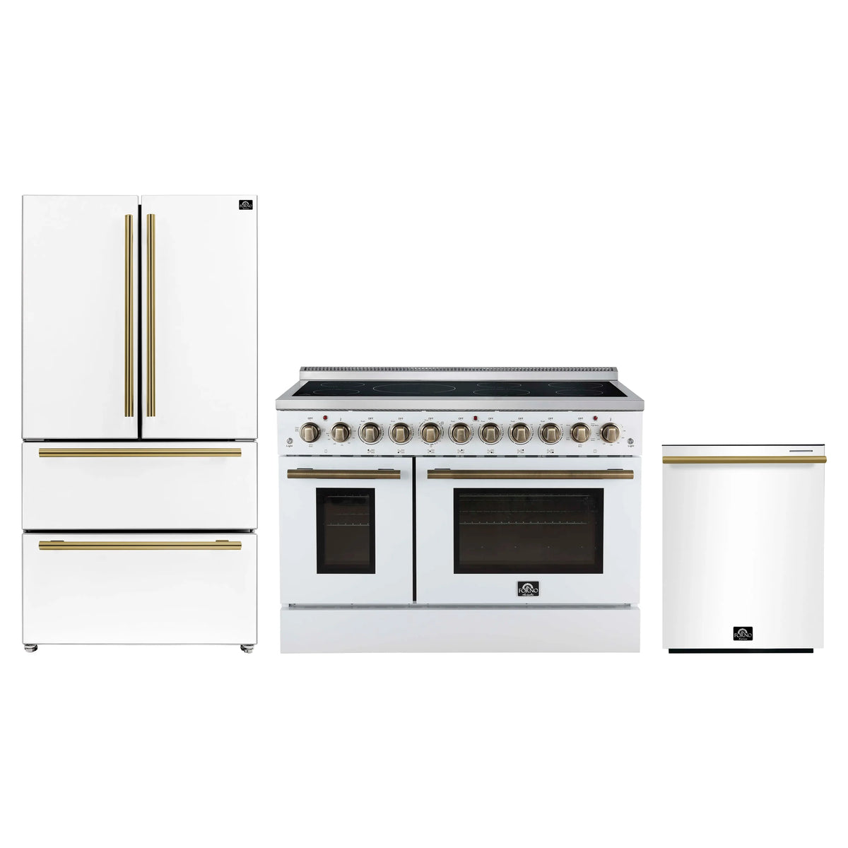 Forno 3-Piece Appliance Package - 48-Inch Electric Range, 36-Inch Refrigerator and Dishwasher in White with Antique Brass Trim