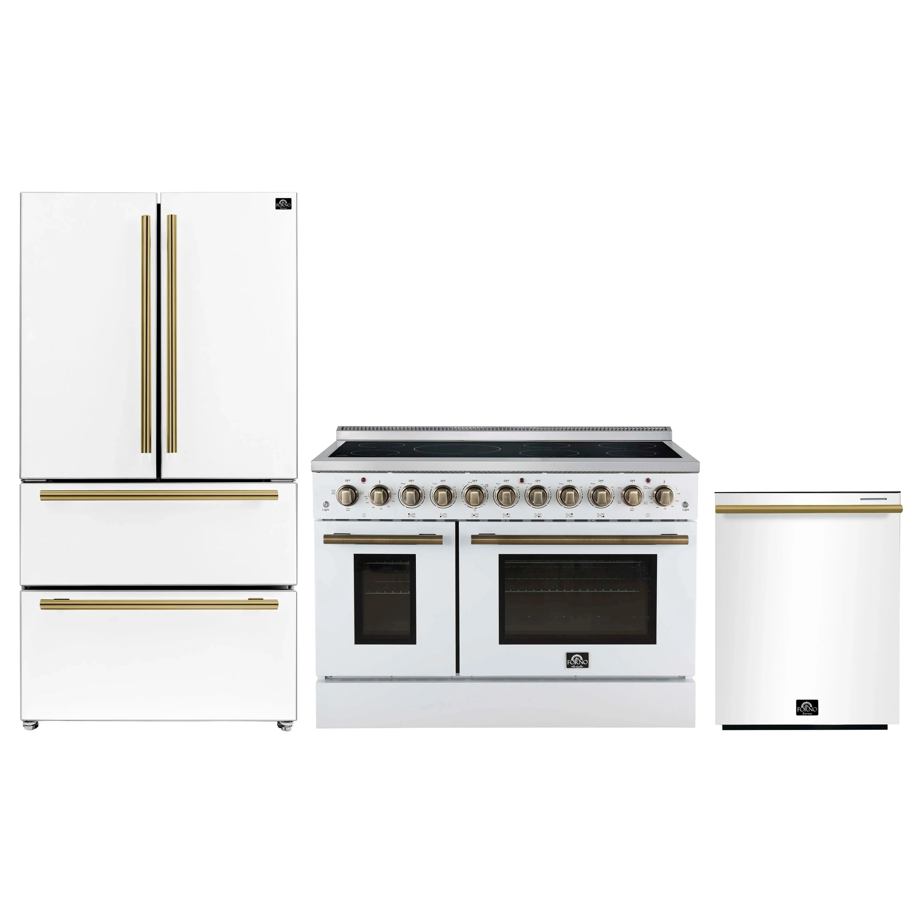 White 3-piece set with antique brass accents: range, hood, and refrigerator