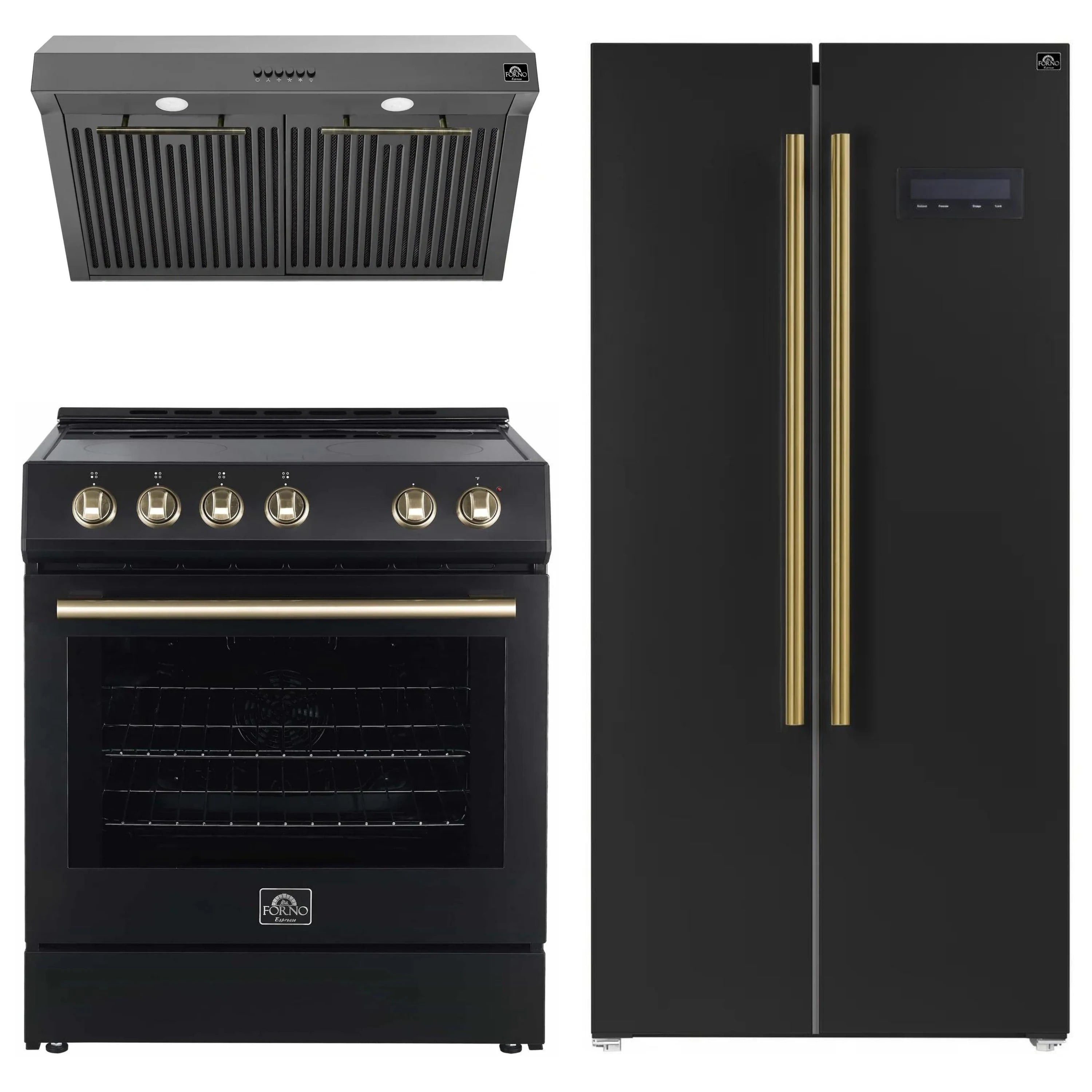 Black electric range and oven, range hood, and side-by-side refrigerator set
