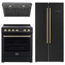 Forno Espresso 3-Piece Appliance Package - 30-Inch Electric Range with 5.0 Cu.Ft. Electric Oven, Built-In Refrigerator, and Under Cabinet Range Hood in Black with Antique Brass Trim