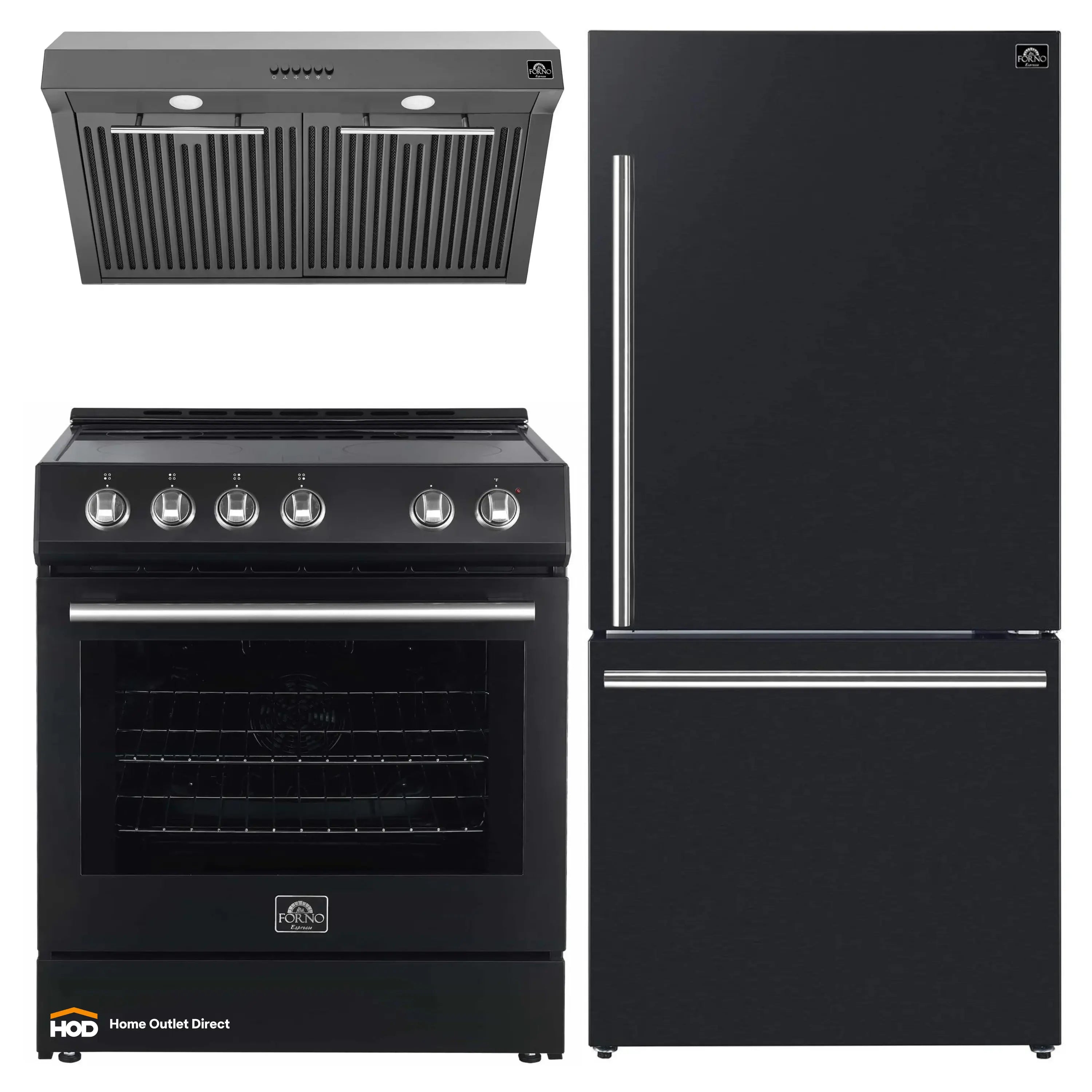 Black electric range, under-cabinet hood, and refrigerator set with stainless trim