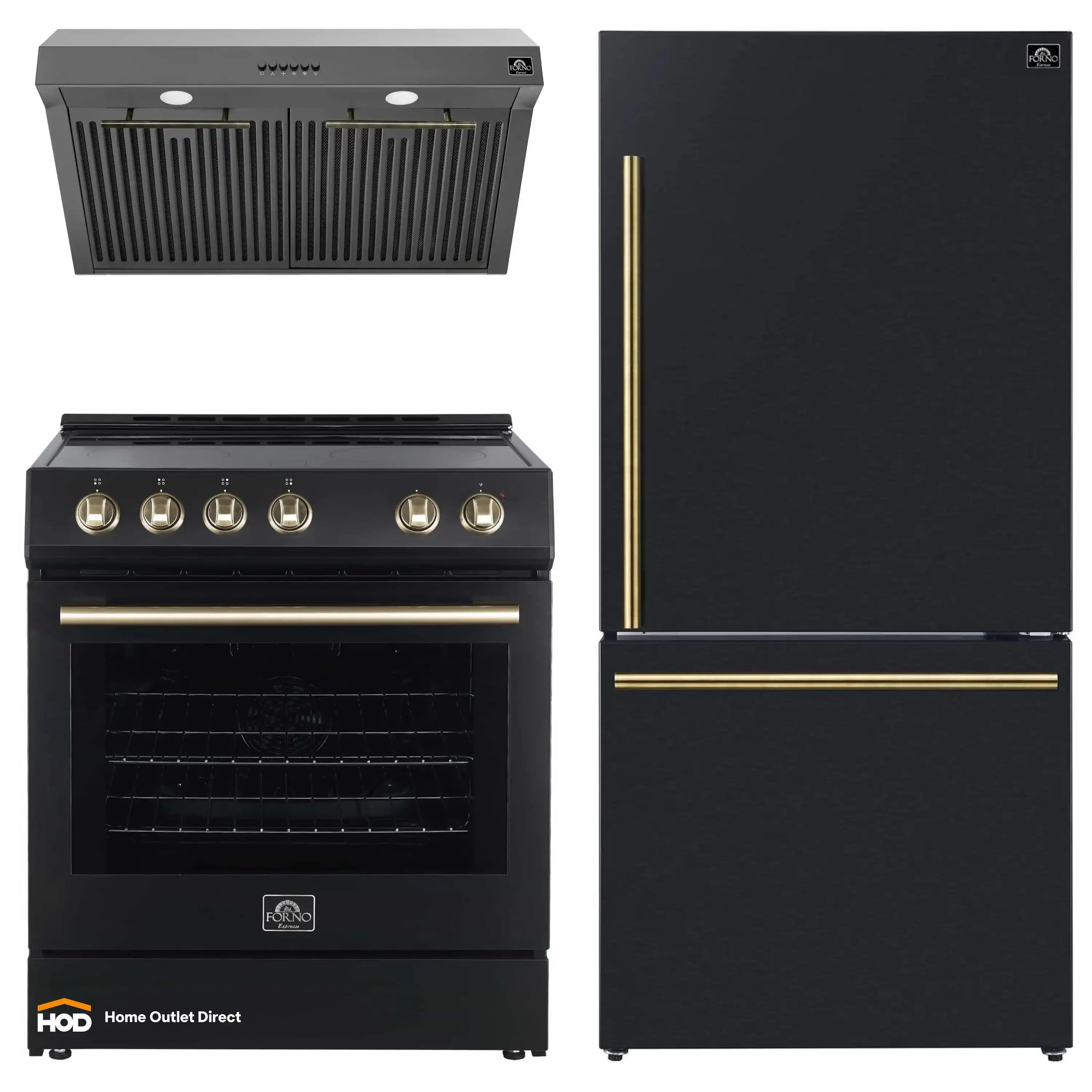 Black electric range with brass knobs, under-cabinet hood, and refrigerator