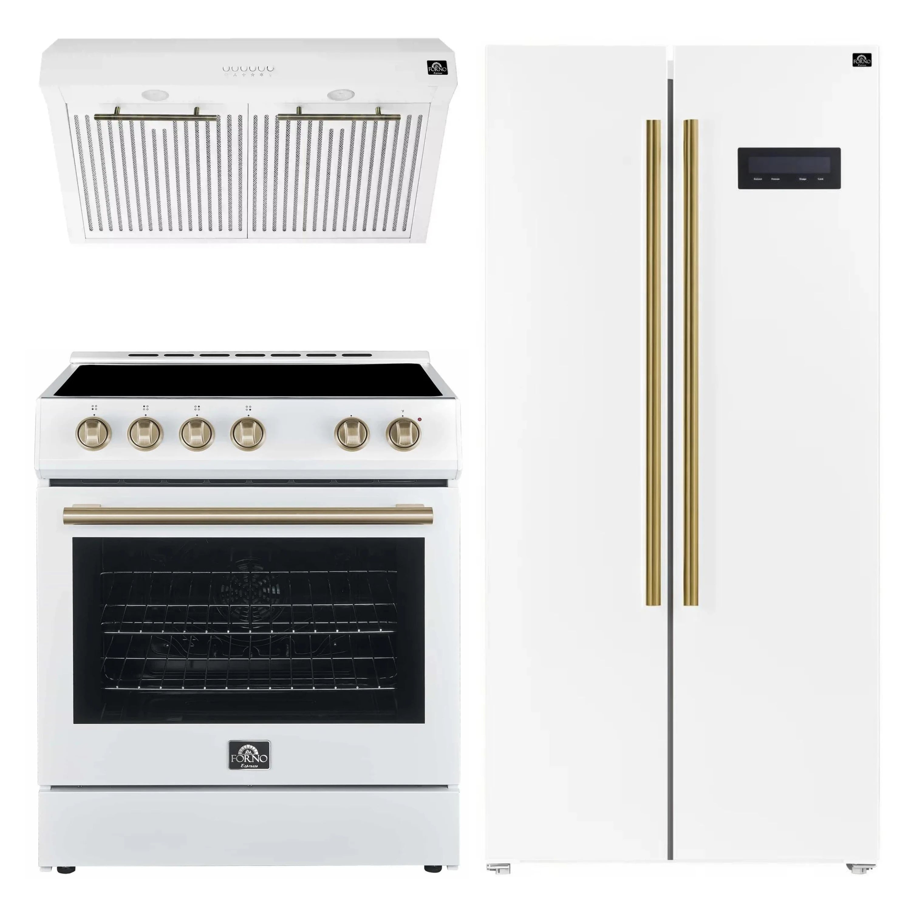 White electric range with oven, under-cabinet hood, and built-in refrigerator with gold trim