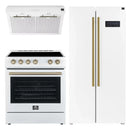 Forno Espresso 3-Piece Appliance Package - 30-Inch Electric Range with 5.0 Cu.Ft. Electric Oven, Built-In Refrigerator, and Under Cabinet Range Hood in White with Antique Brass Trim