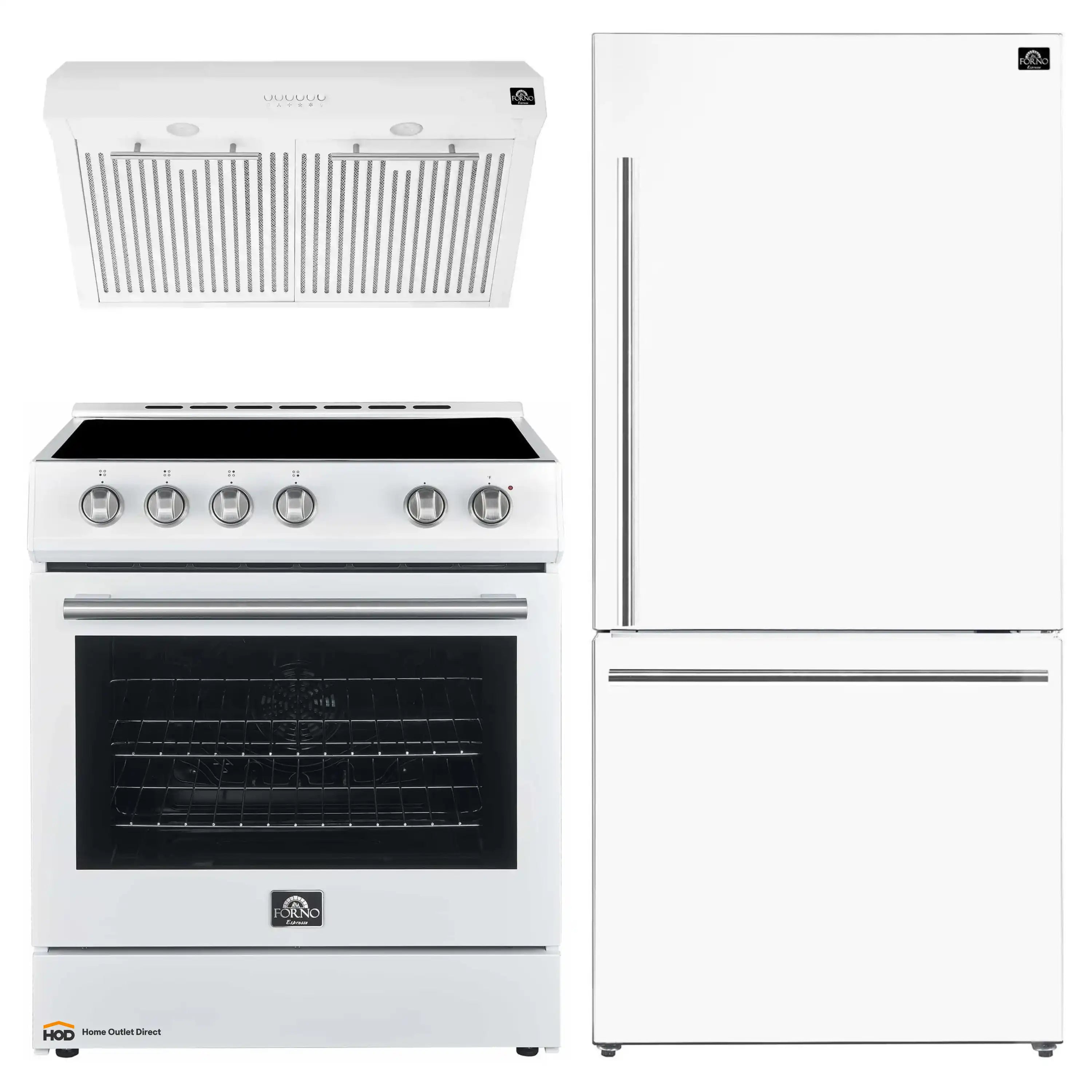 White appliance package with electric range, refrigerator, and under-cabinet hood, stainless trim