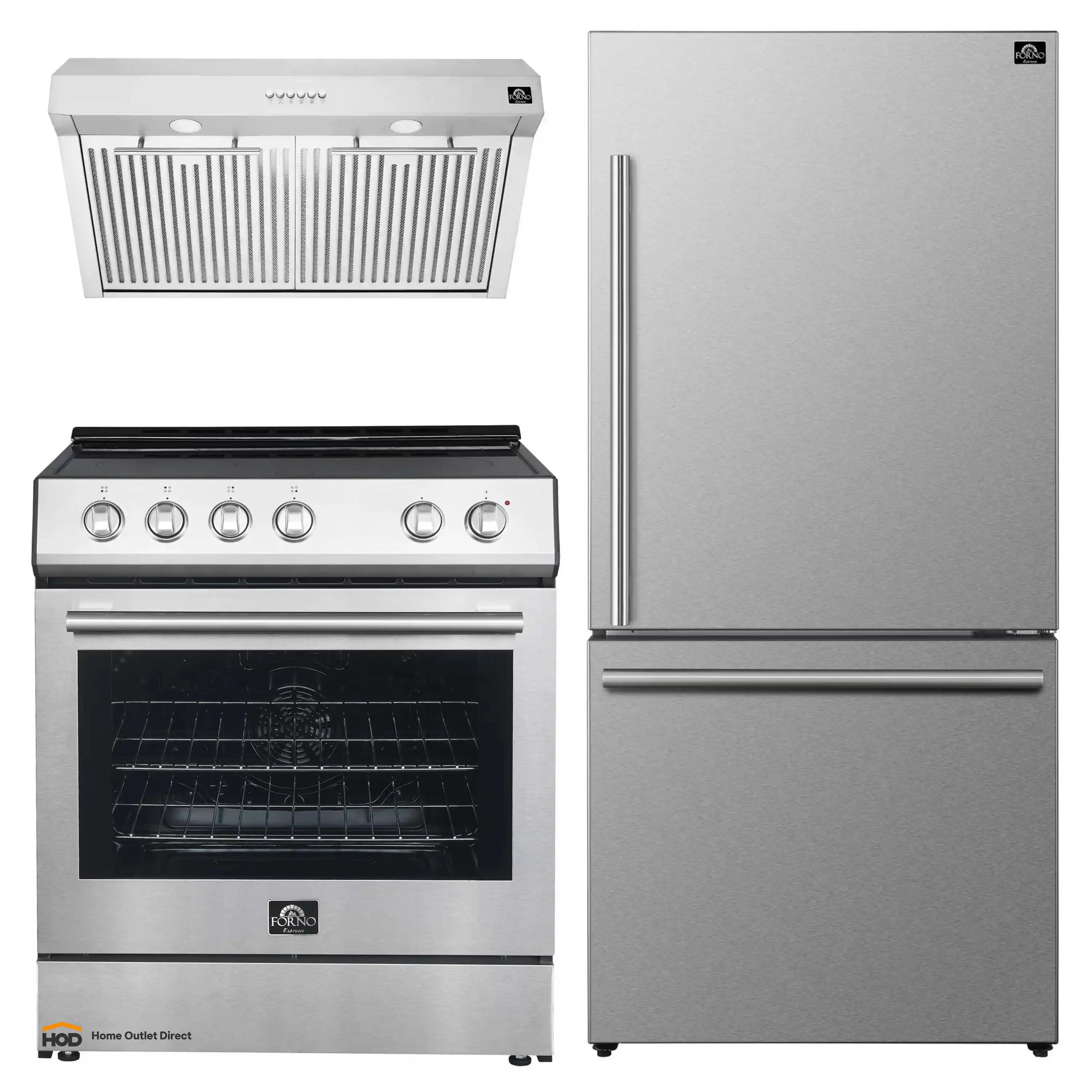 Stainless steel appliance package with electric range, oven, range hood, and refrigerator.