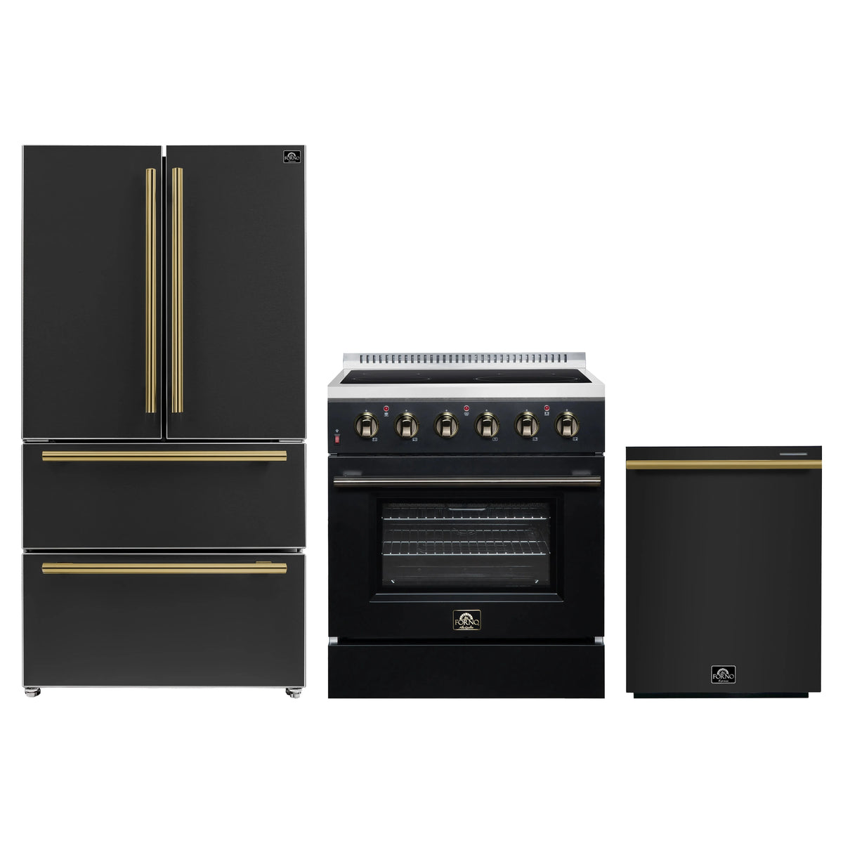 Forno 3-Piece Appliance Package - 30-Inch Electric Range, 36-Inch Refrigerator  and Dishwasher in Black with Antique Brass Trim