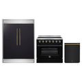 Forno 3-Piece Appliance Package - 36-Inch Electric Range, 60-Inch Refrigerator and Dishwasher in Black with Antique Brass Trim