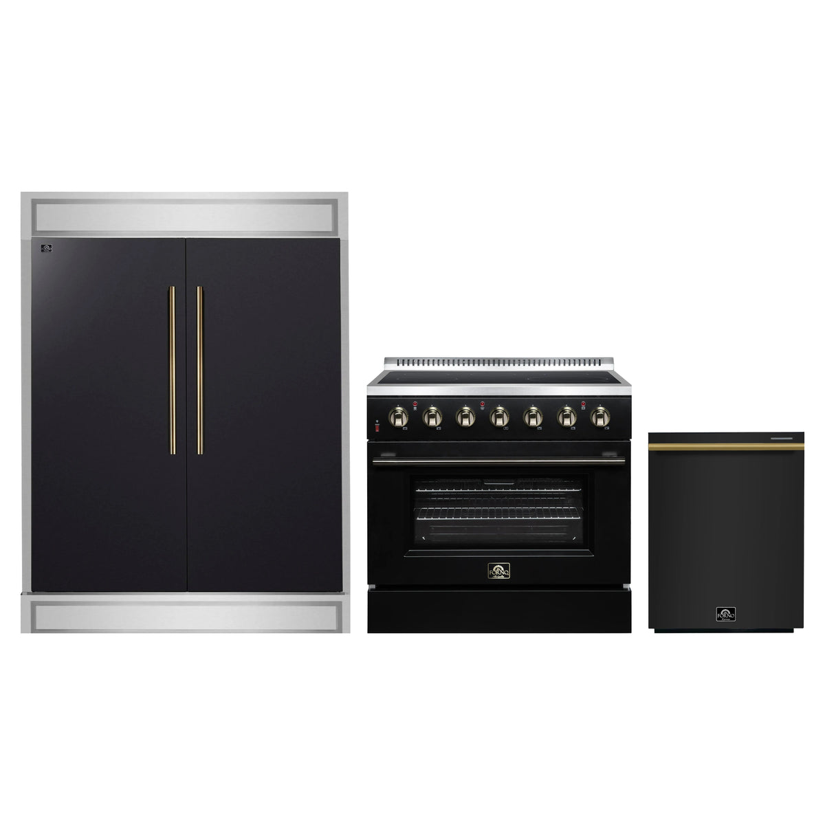 Forno 3-Piece Appliance Package - 36-Inch Electric Range, 60-Inch Refrigerator and Dishwasher in Black with Antique Brass Trim