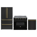 Forno 3-Piece Appliance Package - 36-Inch Electric Range, 36-Inch Refrigerator and Dishwasher in Black with Antique Brass Trim