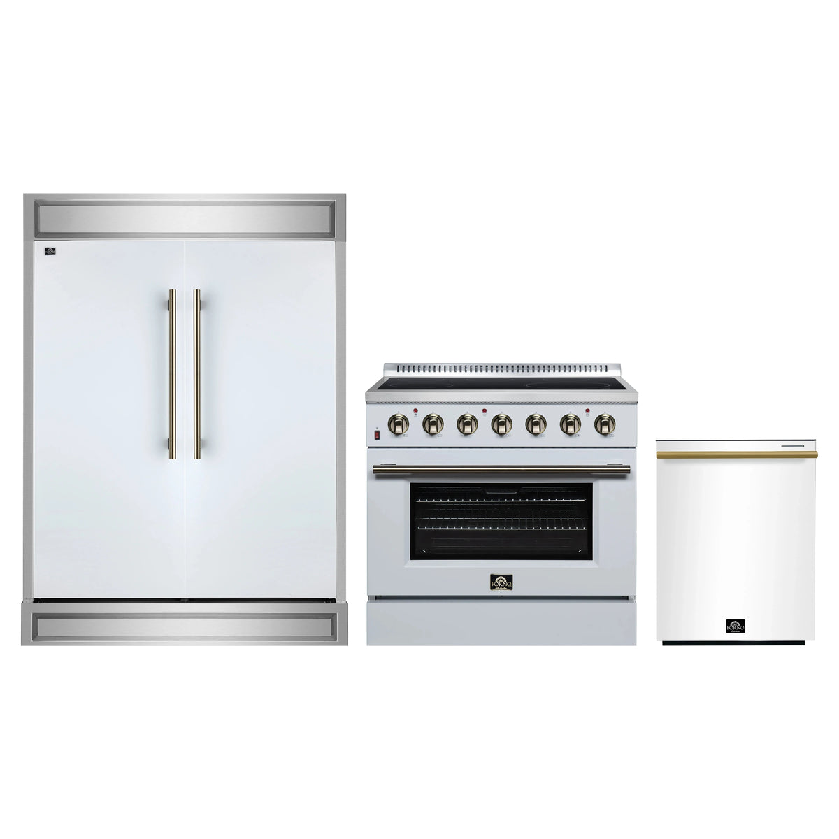 Forno 3-Piece Appliance Package - 36-Inch Electric Range, 60-Inch Refrigerator and Dishwasher in White with Antique Brass Trim