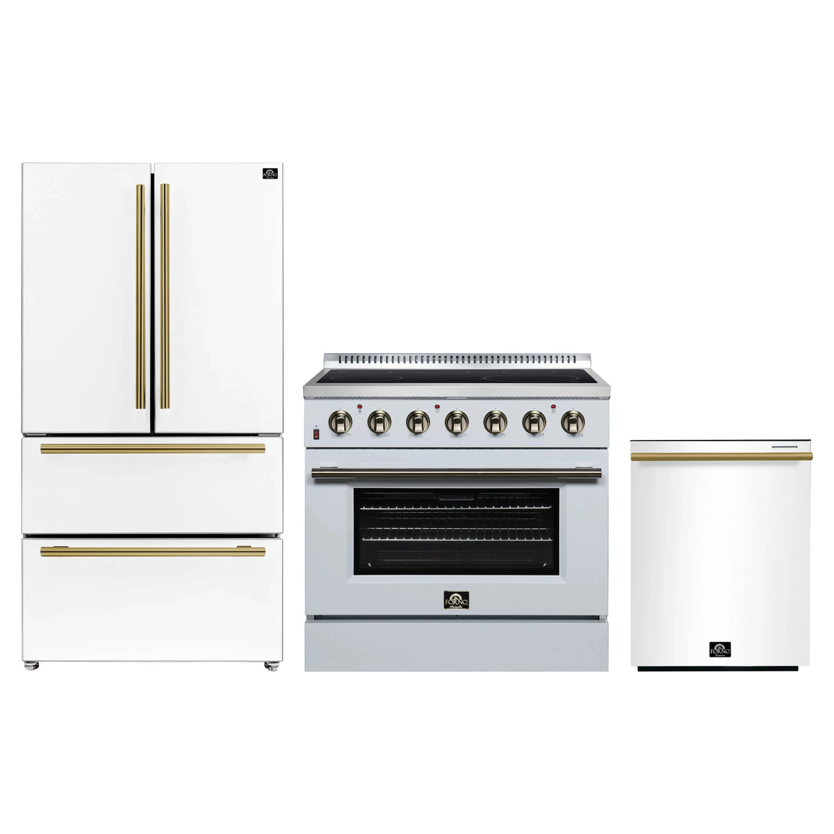 Forno 3-Piece Appliance Package - 36-Inch Electric Range, 36-Inch Refrigerator and Dishwasher in White with Antique Brass Trim