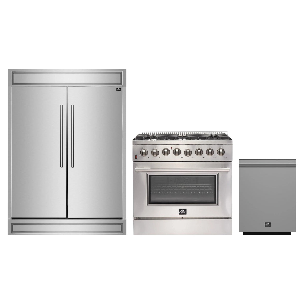 Forno 3-Piece Appliance Package - 36-Inch Dual Fuel Range, Pro-Style Refrigerator, and Dishwasher in Stainless Steel