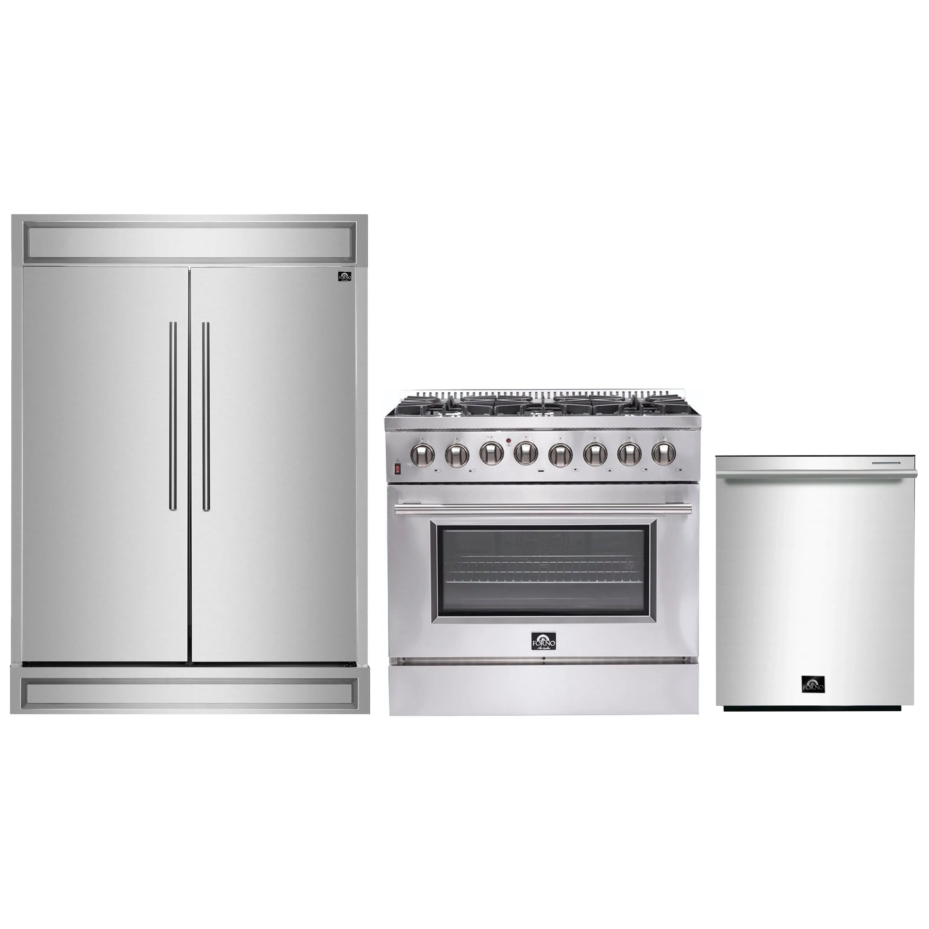 Stainless steel refrigerator, pro-style range, and dishwasher appliance set