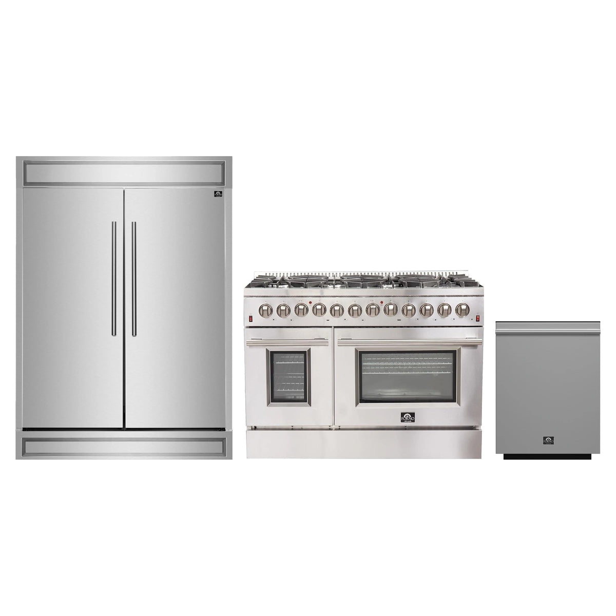 Forno 3-Piece Appliance Package - 48-Inch Dual Fuel Range, Pro-Style Refrigerator, and Dishwasher in Stainless Steel