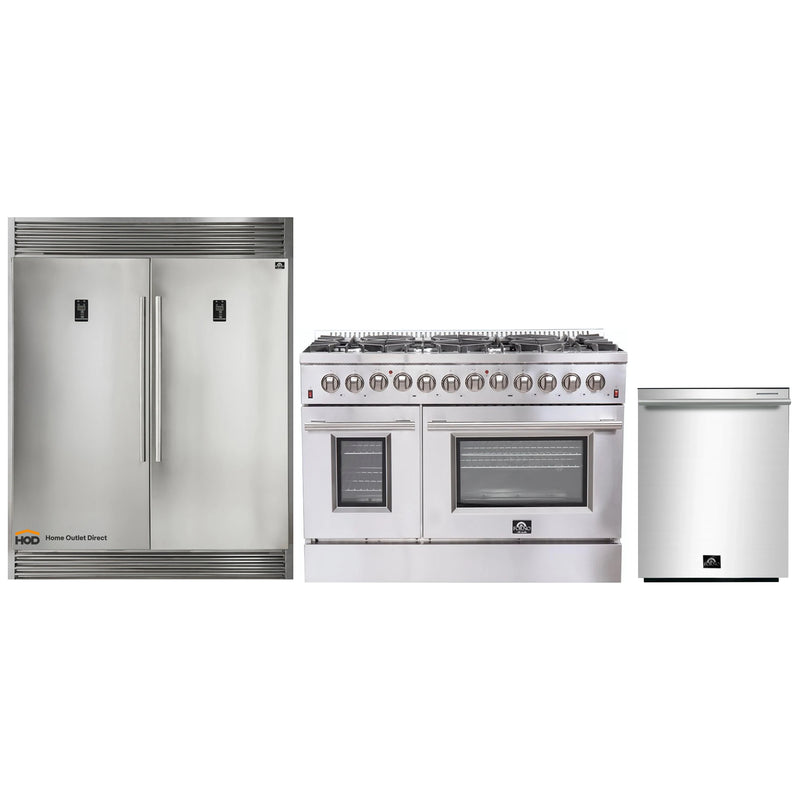 Forno 3-Piece Appliance Package - 48-Inch Dual Fuel Range, Pro-Style Refrigerator, and Dishwasher in Stainless Steel