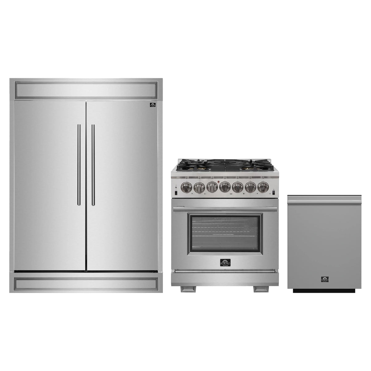 Forno 3-Piece Pro Appliance Package - 30-Inch Dual Fuel Range, Pro-Style Refrigerator, and Dishwasher in Stainless Steel