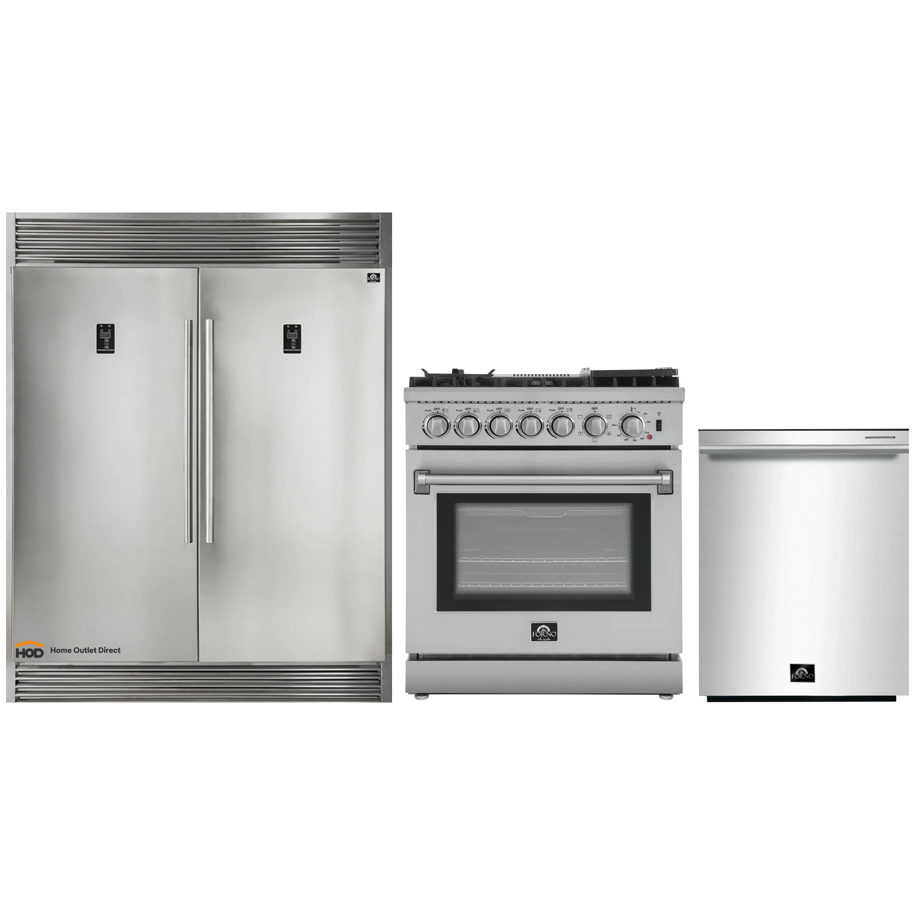 Three-piece stainless steel appliance set: refrigerator, range, and dishwasher