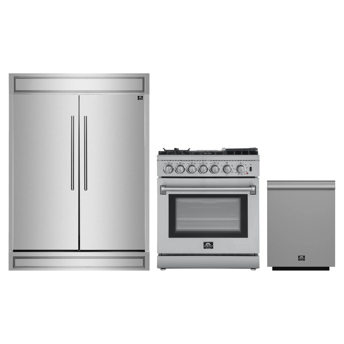 Forno 3-Piece Appliance Package - 30-Inch Dual Fuel Range with Air Fryer, Pro-Style Refrigerator, and Dishwasher in Stainless Steel