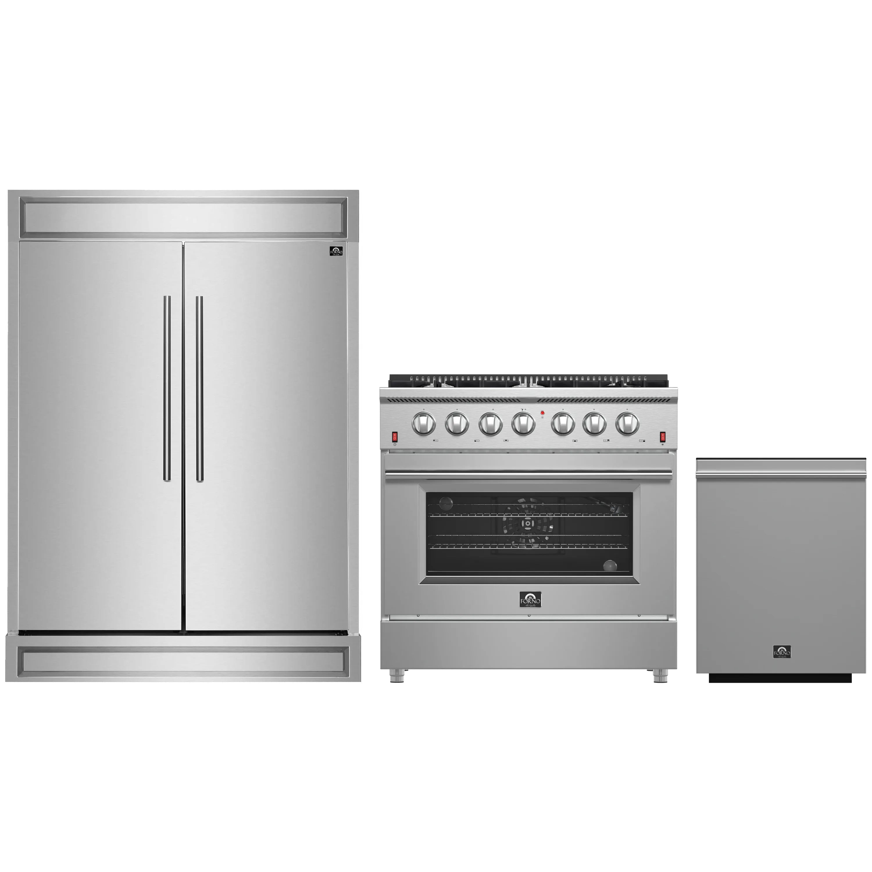 Forno 3-Piece Appliance Package - 36-Inch Gas Range, Pro-Style Refrigerator, and Dishwasher in Stainless Steel