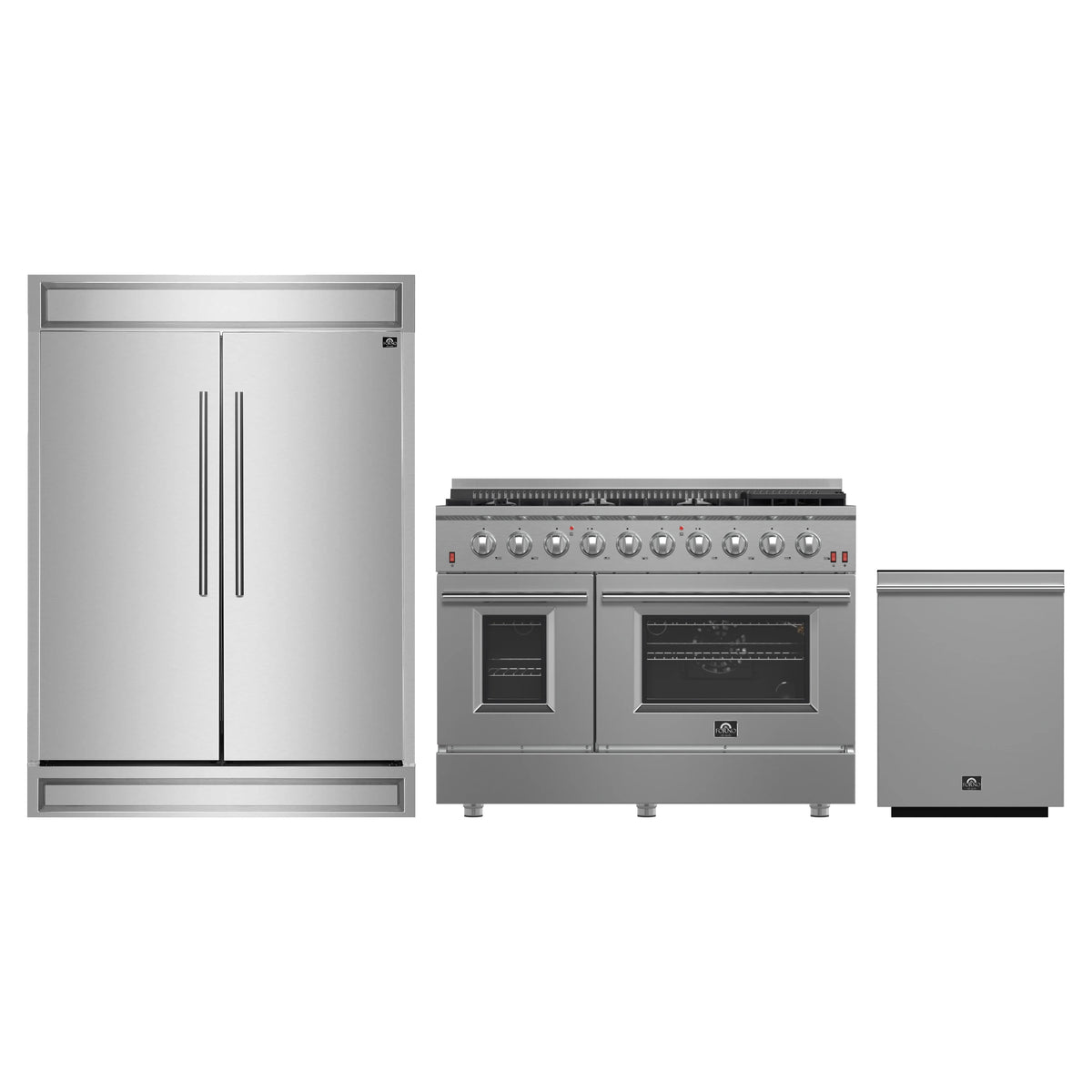 Forno 3-Piece Appliance Package - 48-Inch Gas Range, Pro-Style Refrigerator, and Dishwasher in Stainless Steel