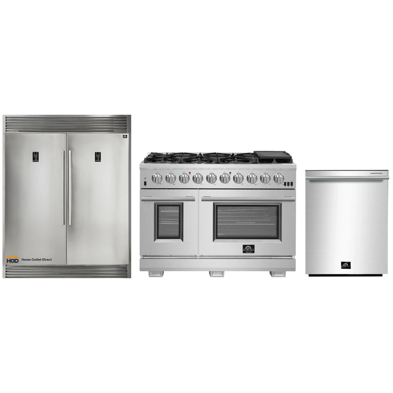 Forno 3-Piece Pro Appliance Package - 48-Inch Gas Range, 56-Inch Pro-Style Refrigerator, and Dishwasher in Stainless Steel