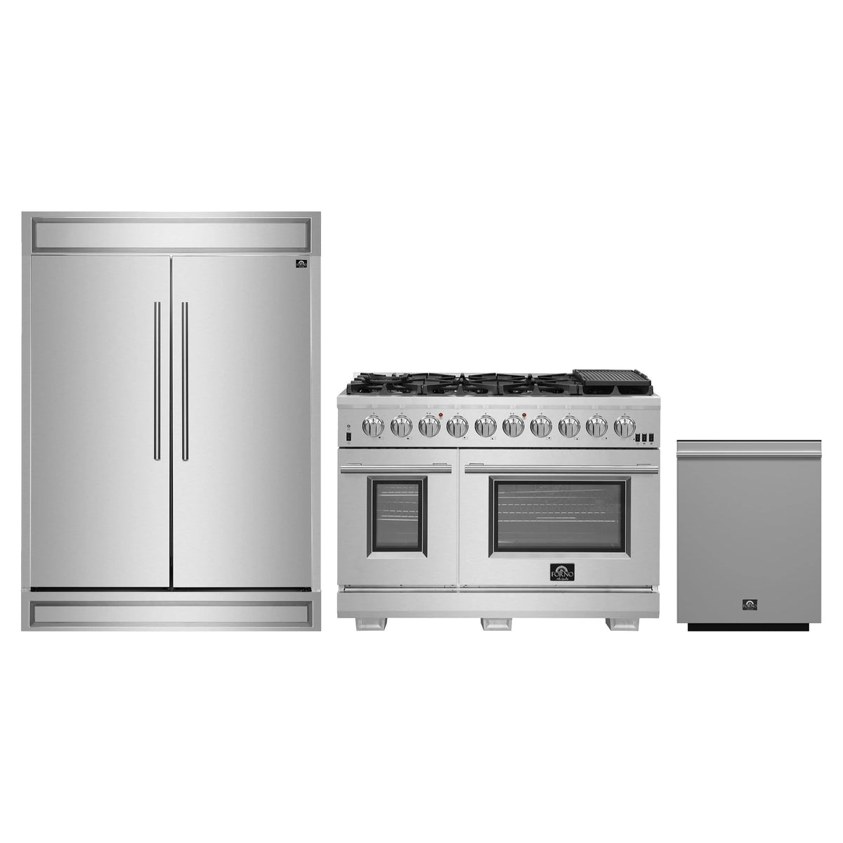 Forno 3-Piece Pro Appliance Package - 48-Inch Gas Range, 60-Inch Pro-Style Refrigerator, and Dishwasher in Stainless Steel