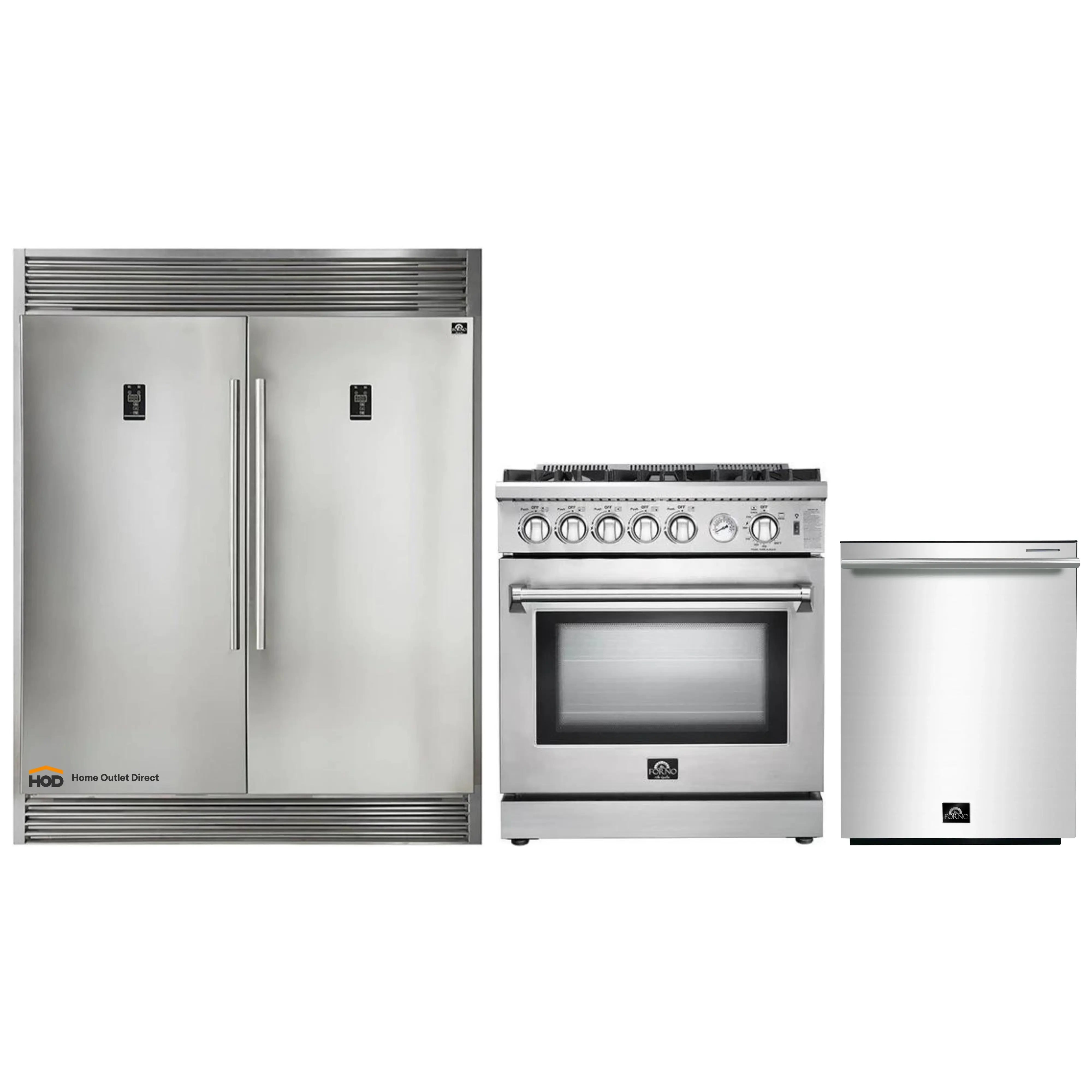 Forno 3-Piece Appliance Package - 30-Inch Gas Range, Pro-Style Refrigerator, and Dishwasher in Stainless Steel