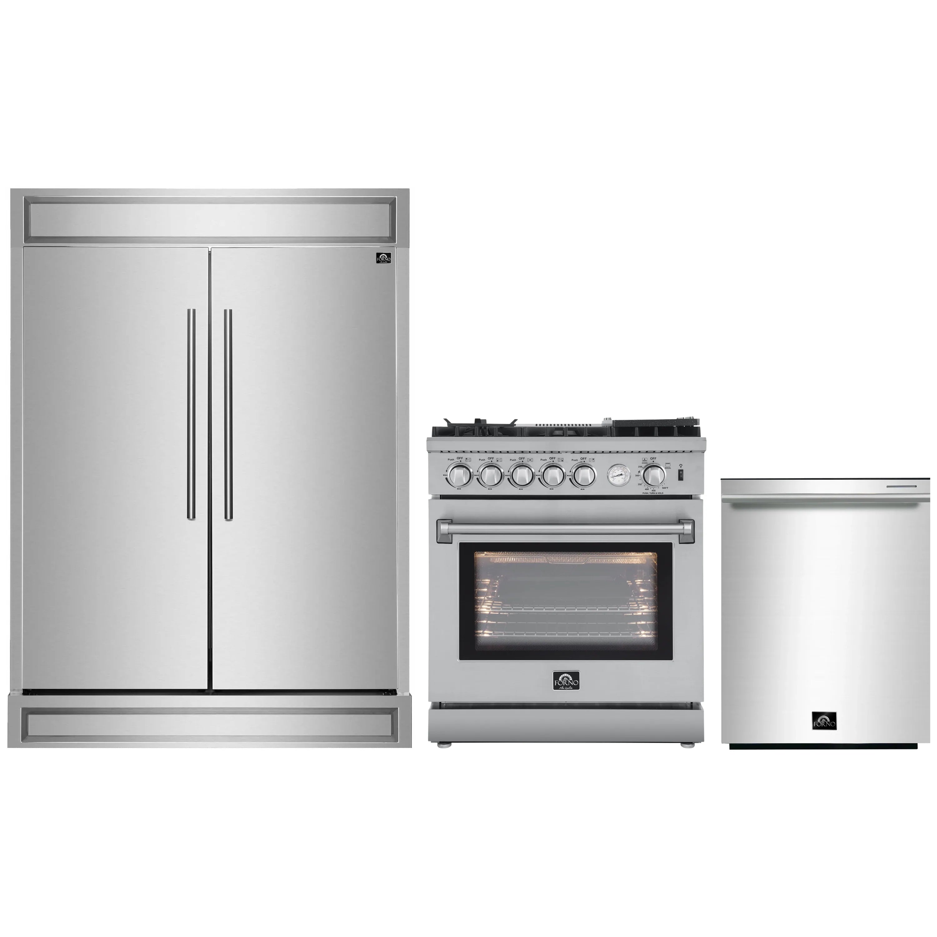 Stainless steel kitchen appliance set: refrigerator, range oven, and countertop air fryer