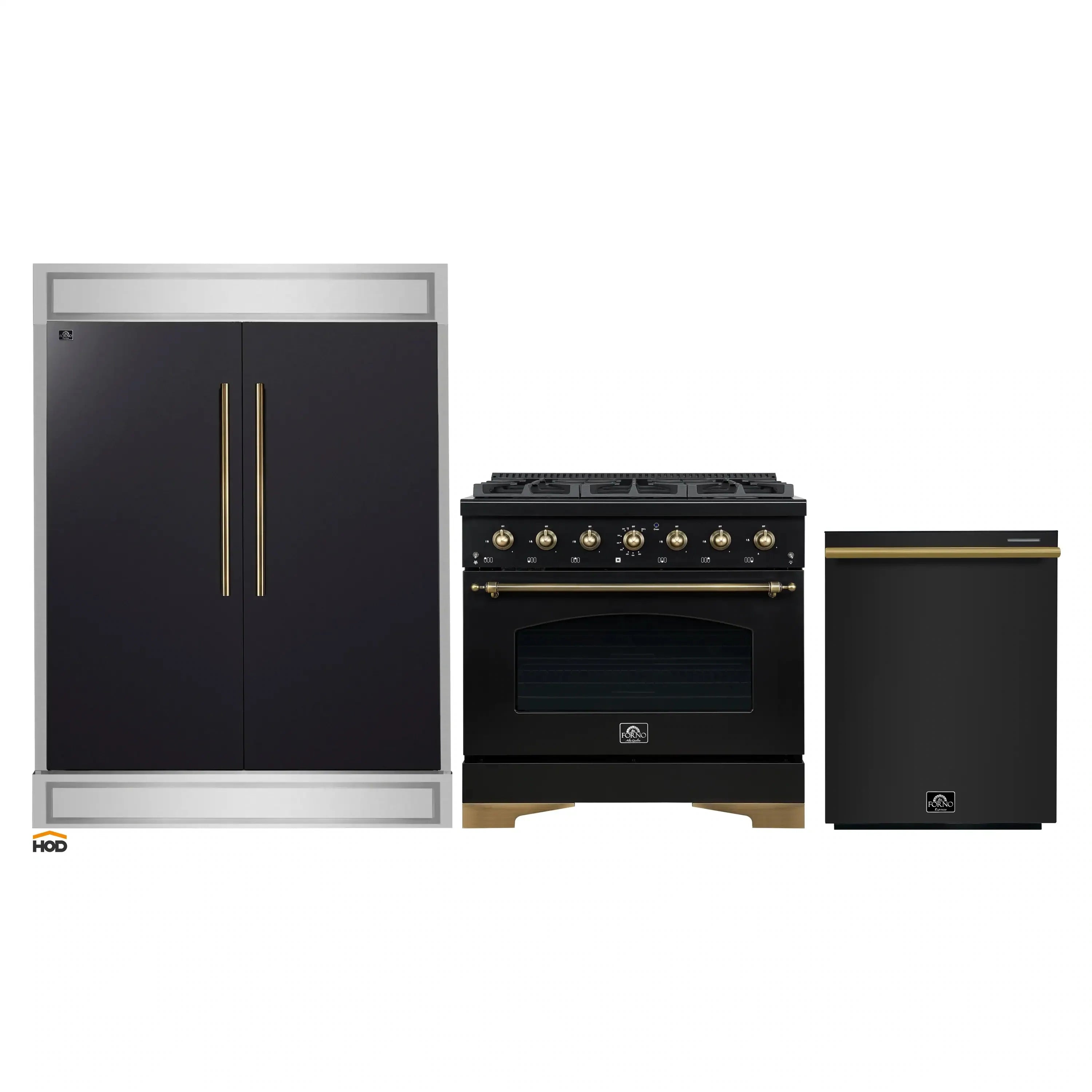 Black 3-piece appliance set: refrigerator, dual fuel range, and dishwasher with brass trim