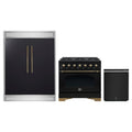 Forno 3-Piece Appliance Package - 36-Inch Dual Fuel Range, 60-Inch Convertible Refrigerator with Modern Trim, and Dishwasher in Black with Antique Brass Trim