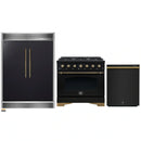 Forno 3-Piece Appliance Package - 36-Inch Dual Fuel Range, 60-Inch Convertible Refrigerator with Modern Grille Trim, and Dishwasher in Black with Antique Brass Handle
